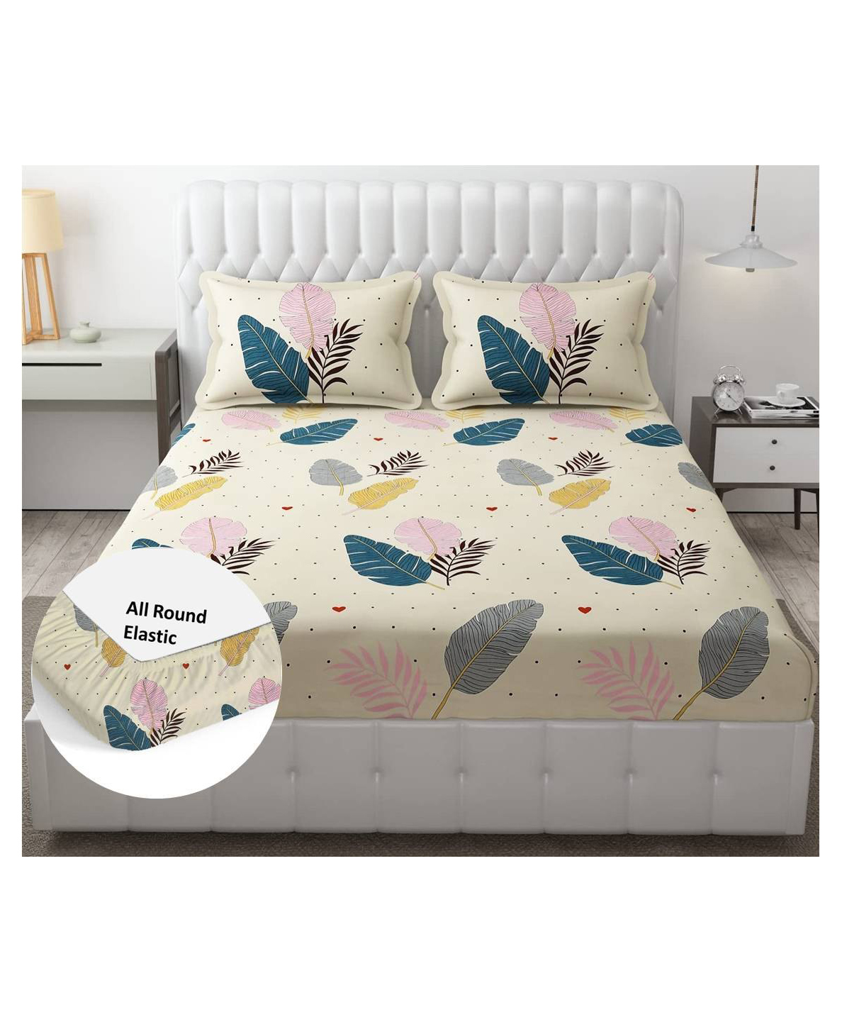 FILYMORE Floral Leaf Elastic Fitted bedsheet for double bed 240 TC made with pure microfiber 1 bedsheet and 2 pillow covers (Size 72x72 inches)fit up to 6 inches mattress(Colour-Cream)-image-4