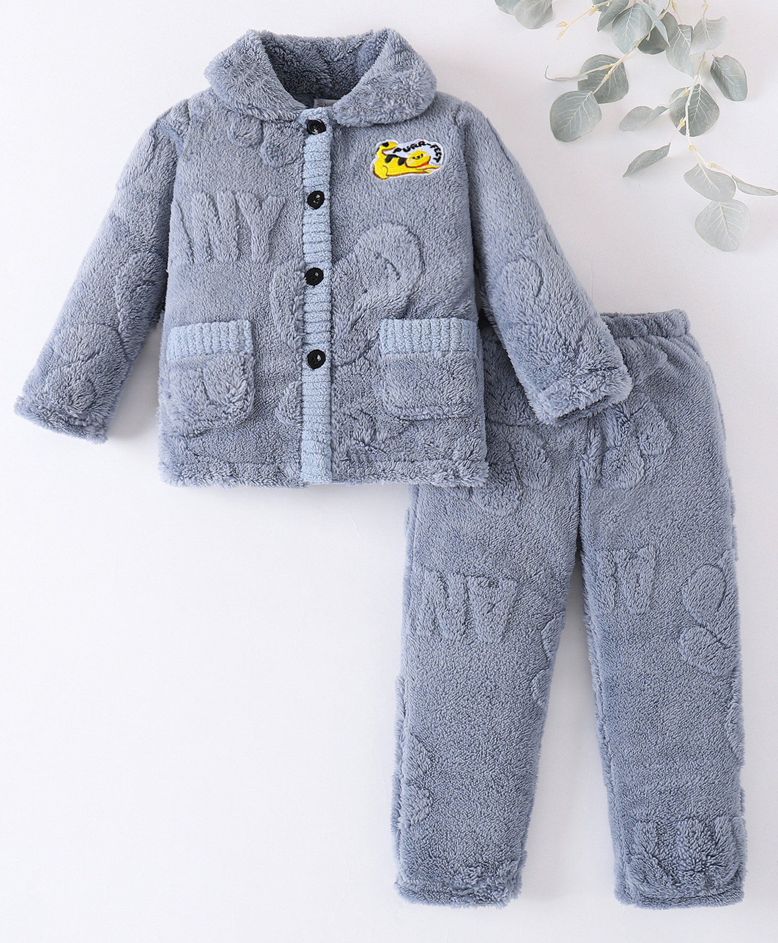 Mark & Mia Full Sleeves Front Open Winter Wear Night Suit with Peter Pan Collar & Kitty Patch - Grey-image-33