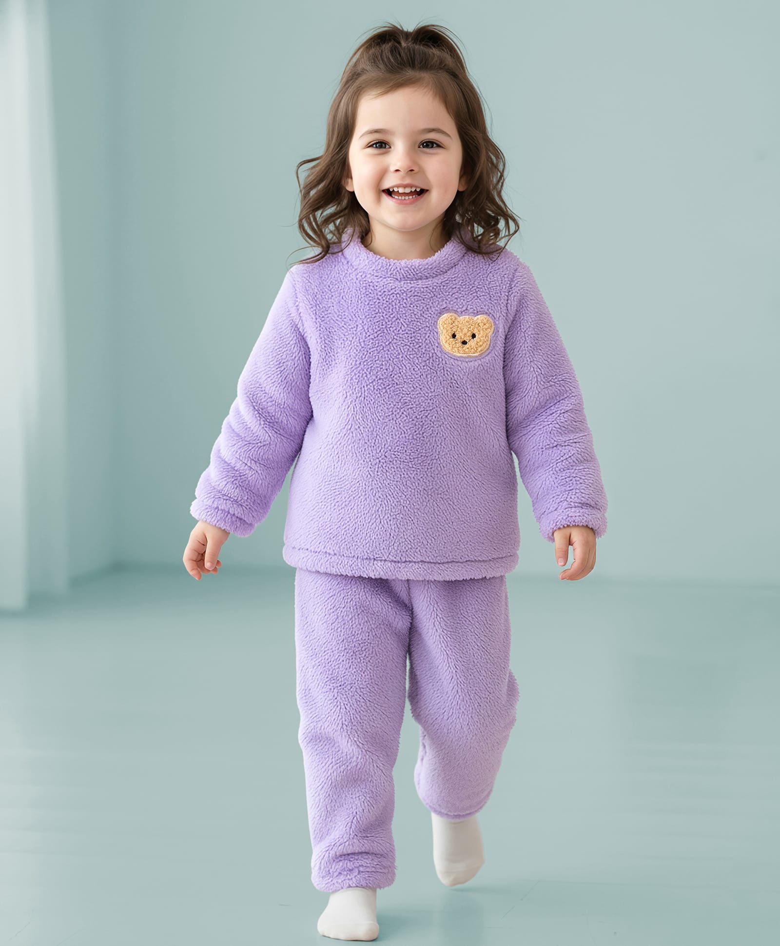 Mark & Mia Full Sleeves Co-Ord Winter Wear Night Suit with Bear Design - Light Purple-image-7