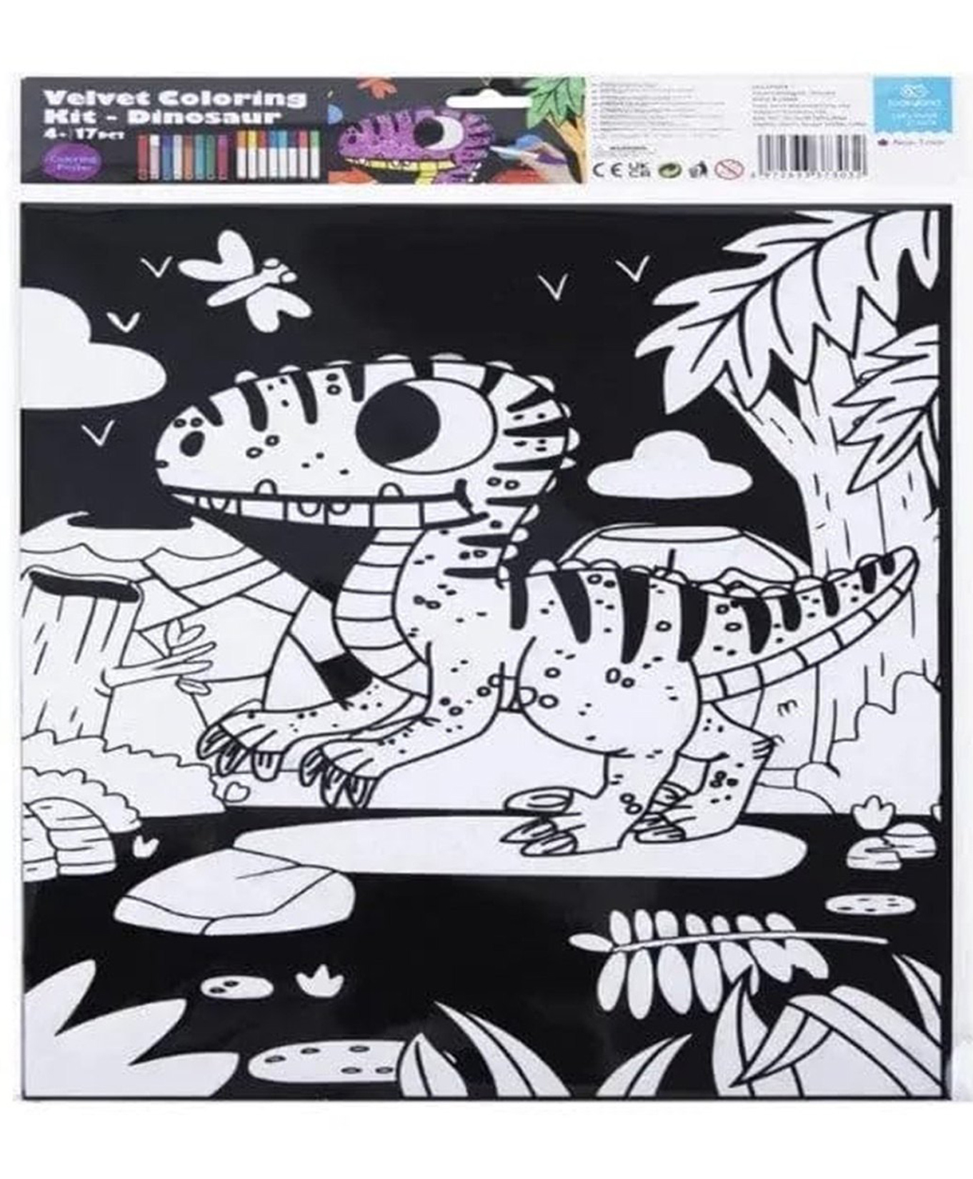 Eduspark Large Velvet Coloring Kit 17 Pcs Wooden Art Kit for Kids | Includes Velvet Coloring Sheets & Markers | DIY Coloring Activity Set for - Dinosaur Shape-image-5