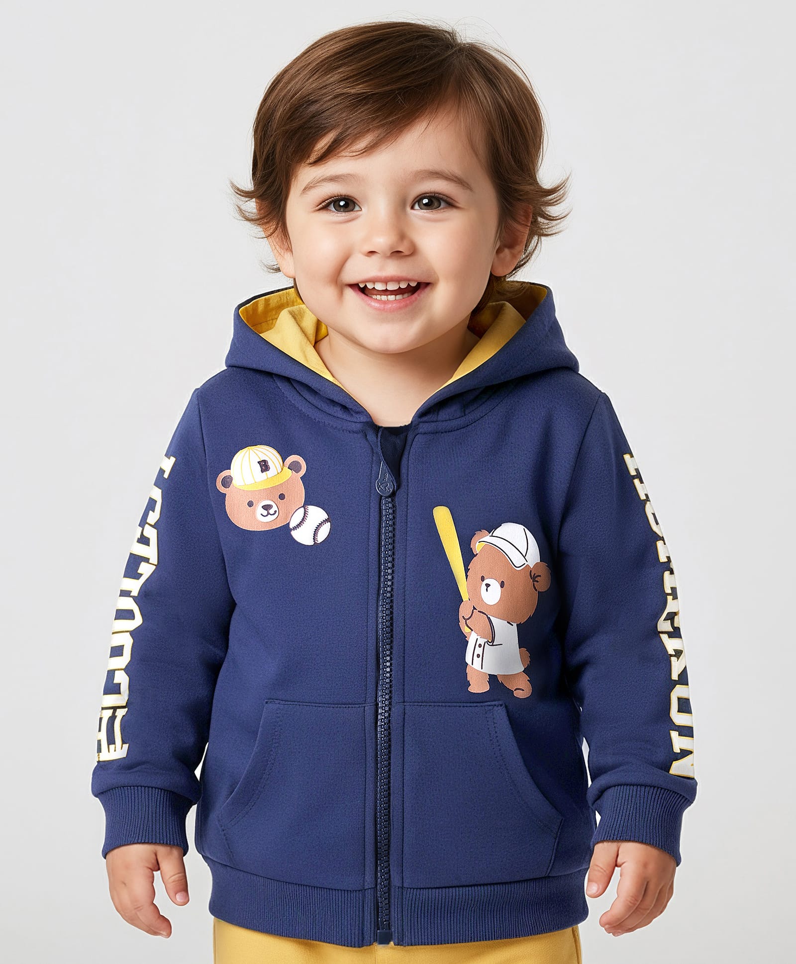 Babyoye 100% Cotton Fleece Knit Full Sleeves Hooded Sweatjacket With Teddy Bear Print & Kangaroo Pockets - Navy Blue-picture-24