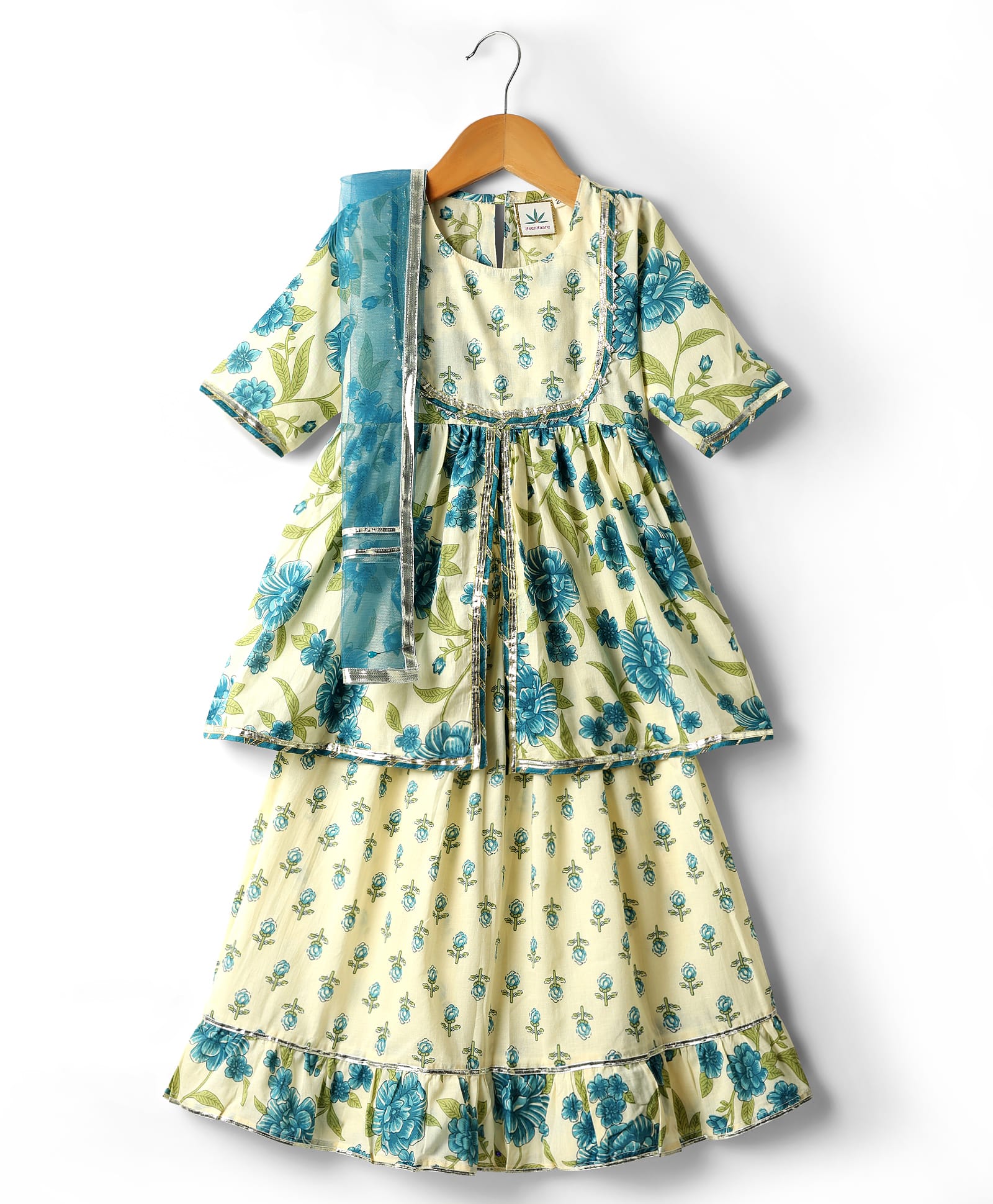 Teentaare Cotton Woven Three Fourth Sleeves Kurti Lehenga Set with Dupatta & Floral Print - White & Blue-image-39