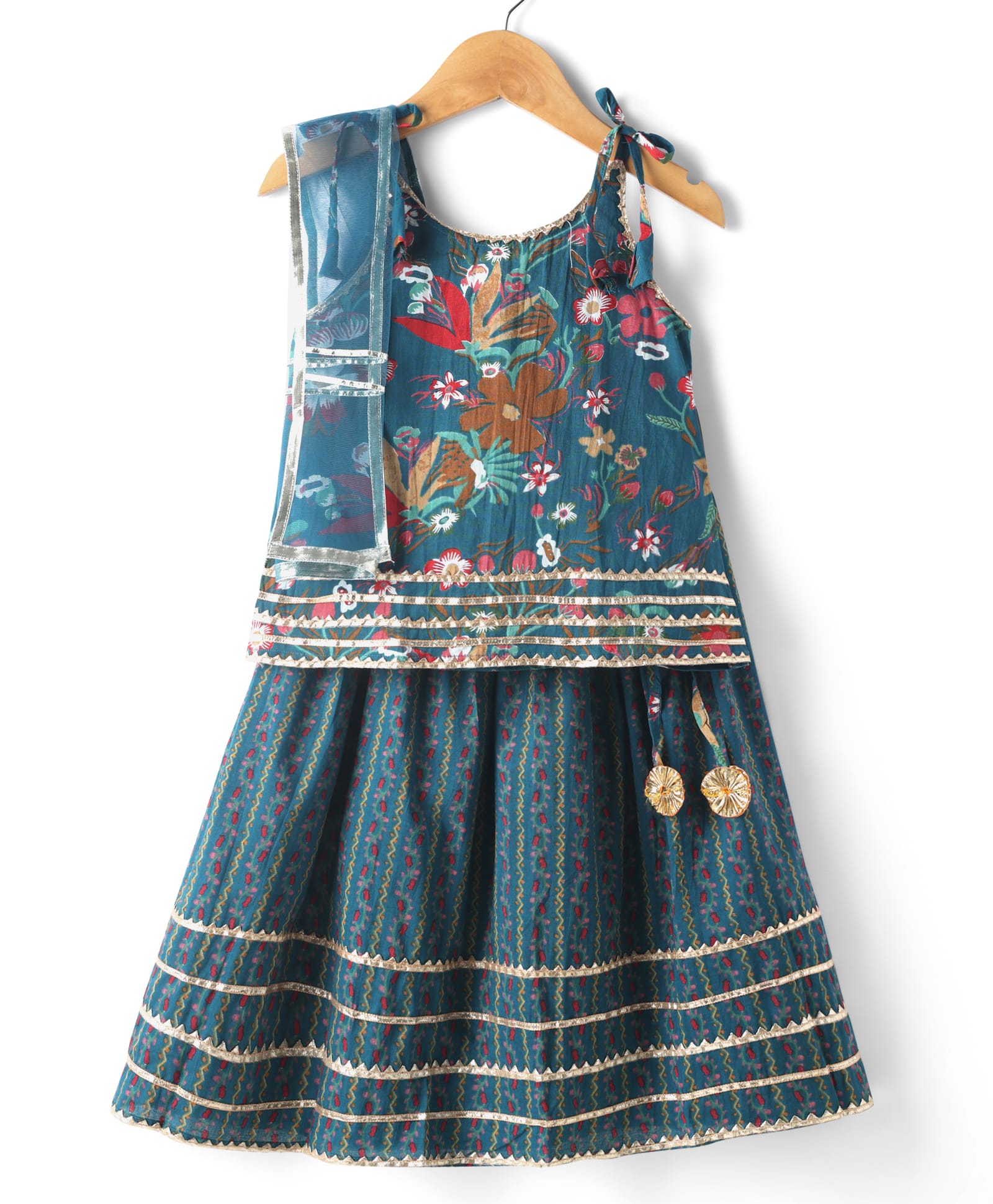 Teentaare Cotton Woven Sleeveless Floral Printed Lehenga Choli With Dupatta - Teal Blue-image-39