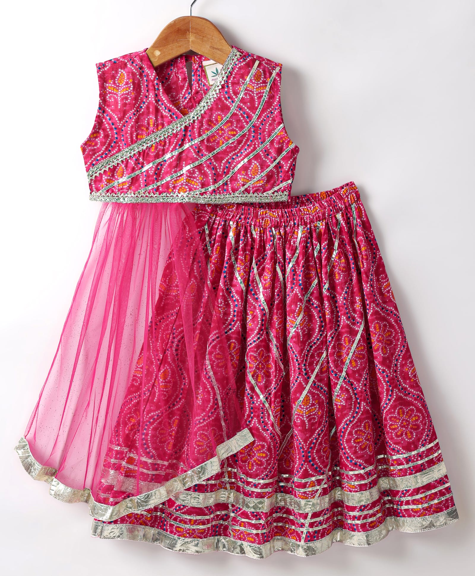 Teentaare Cotton Woven Sleeveless Ethnic Motif Printed Choli Lehenga Set with Dupatta & Lace Detailing - Dark Pink-image-18