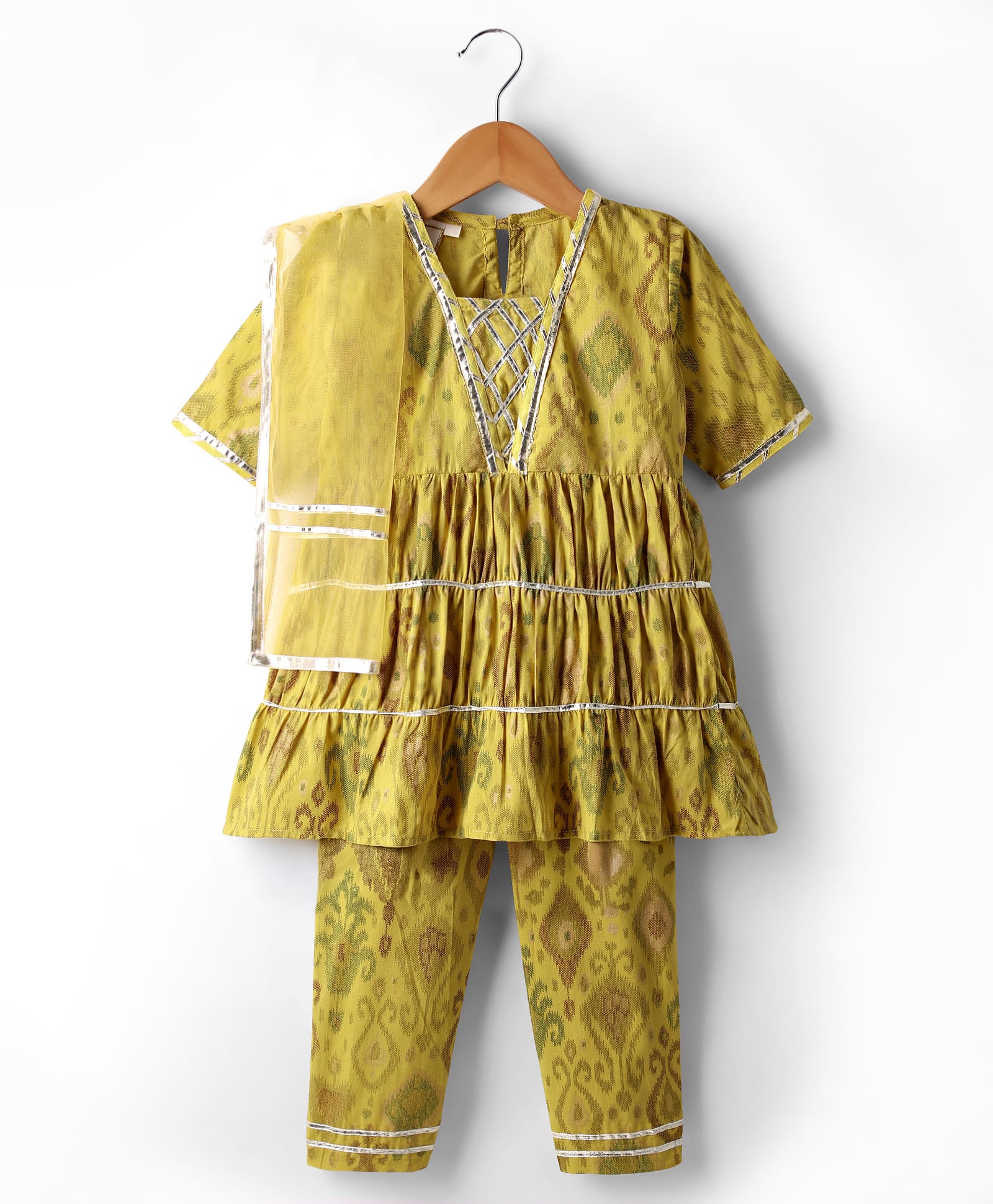 Teentaare Cotton Woven Three Fourth Sleeves Kurti Salwar Set with Dupatta & Motif Print - Mustard-picture-20