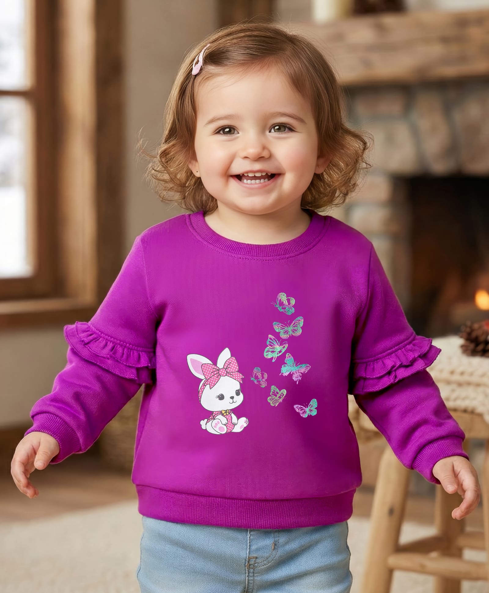 Babyoye 100% Cotton Knit Full Sleeves Sweatshirt with Bunny Print & Frill Detailing - Purple-picture-23
