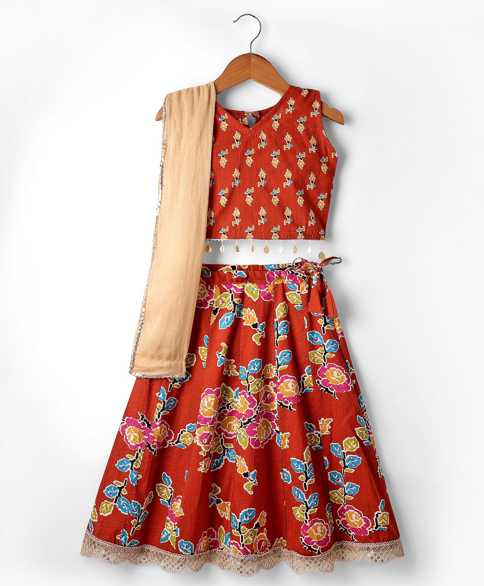 Teentaare Cotton Woven Sleeveless Floral Printed Choli Lehenga Set with Dupatta - Rust Orange-image-20