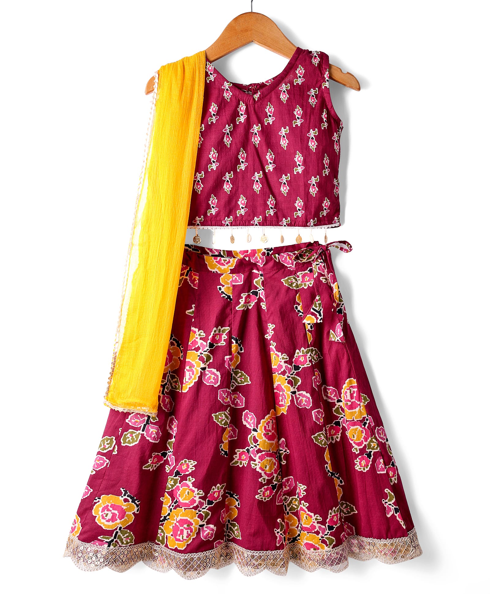 Teentaare Cotton Woven Sleeveless Floral Printed Choli Lehenga Set with Dupatta - Maroon-image-8
