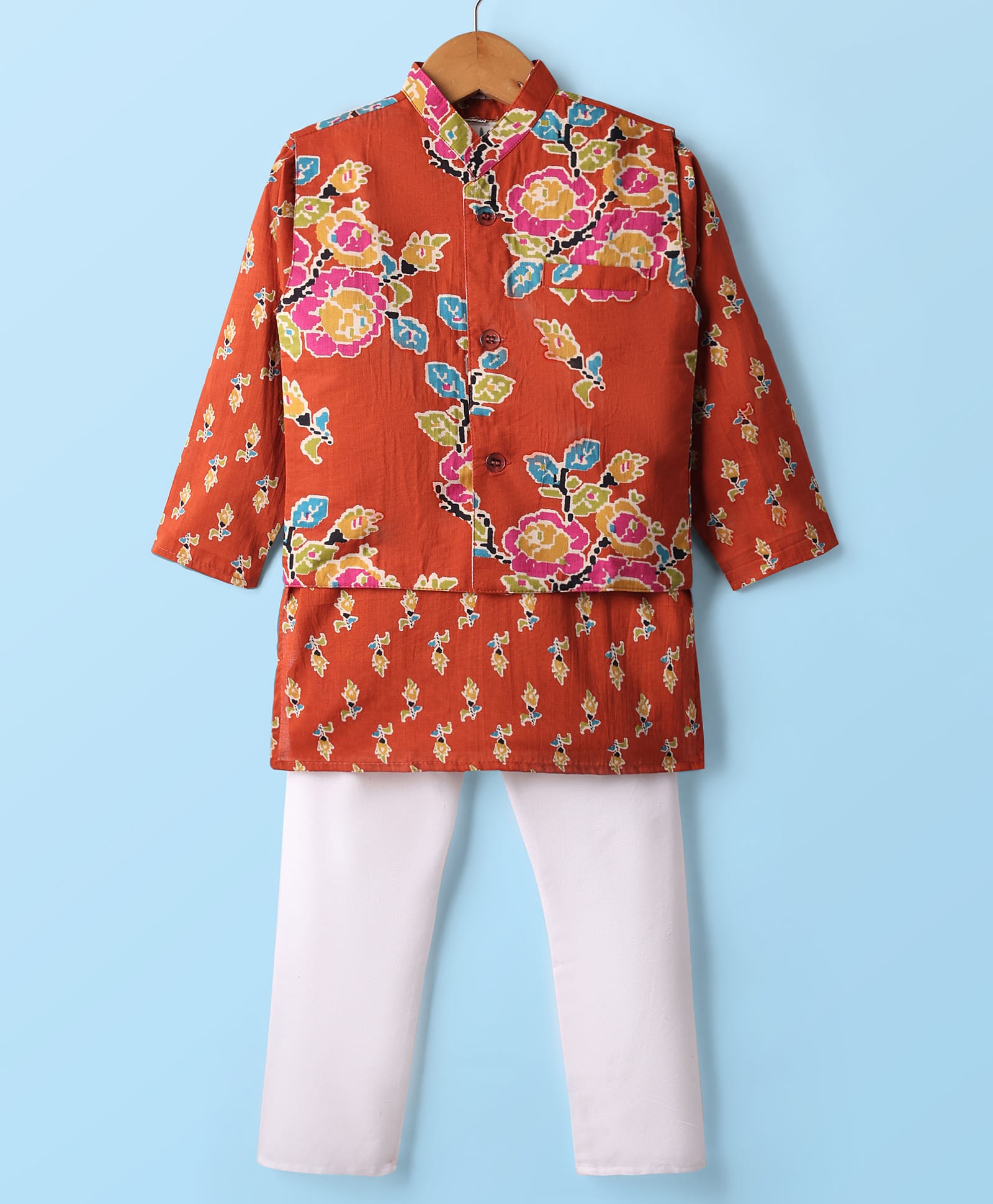 Teentaare Cotton Woven Full Sleeves Kurta Pajama Set with Jacket & Floral Print - Rust Orange-image-29