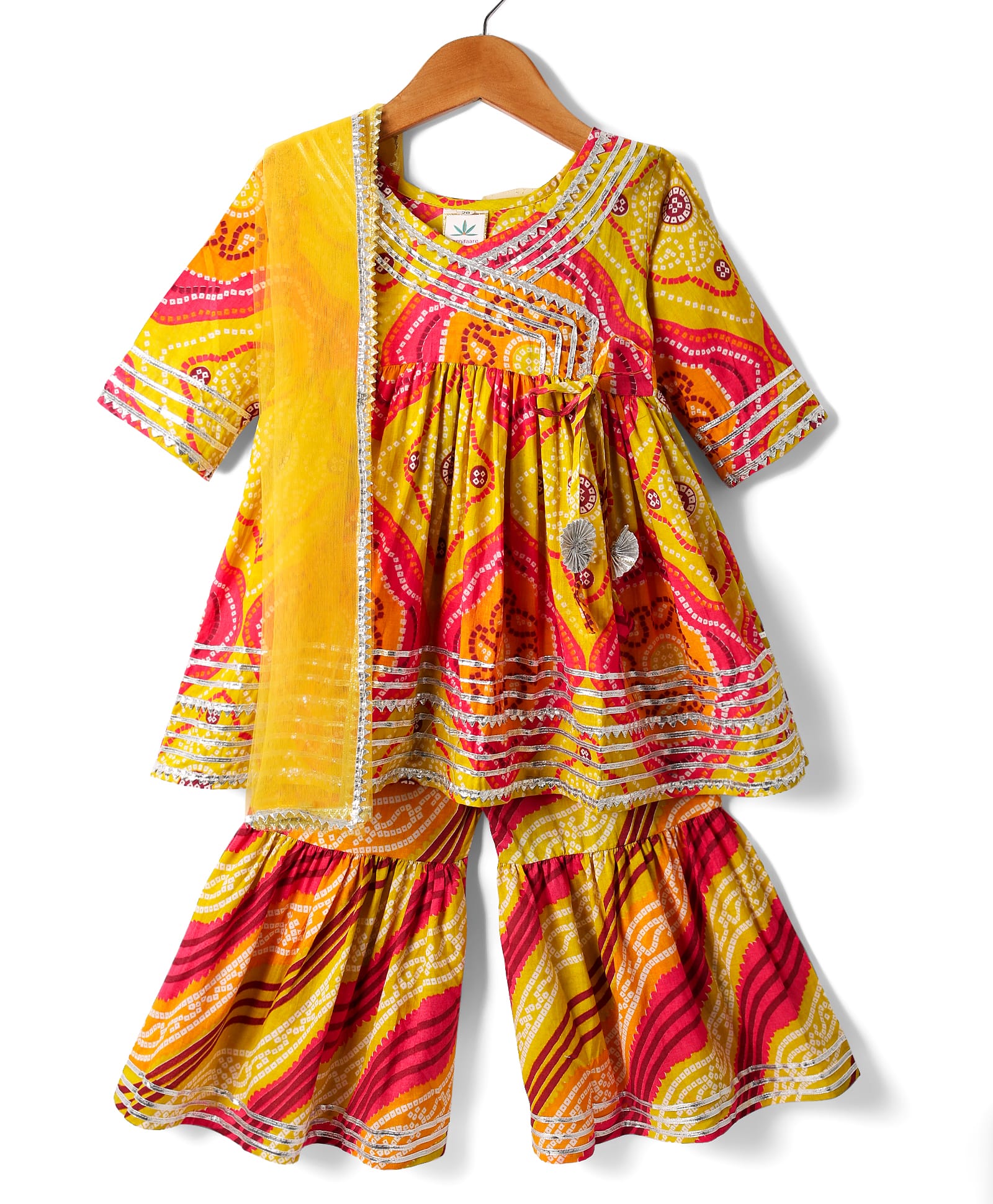 Teentaare Cotton Woven Three Fourth Sleeves Printed Kurti Gharara Set with Dupatta & Lace Detailing - Yellow & Red-image-2