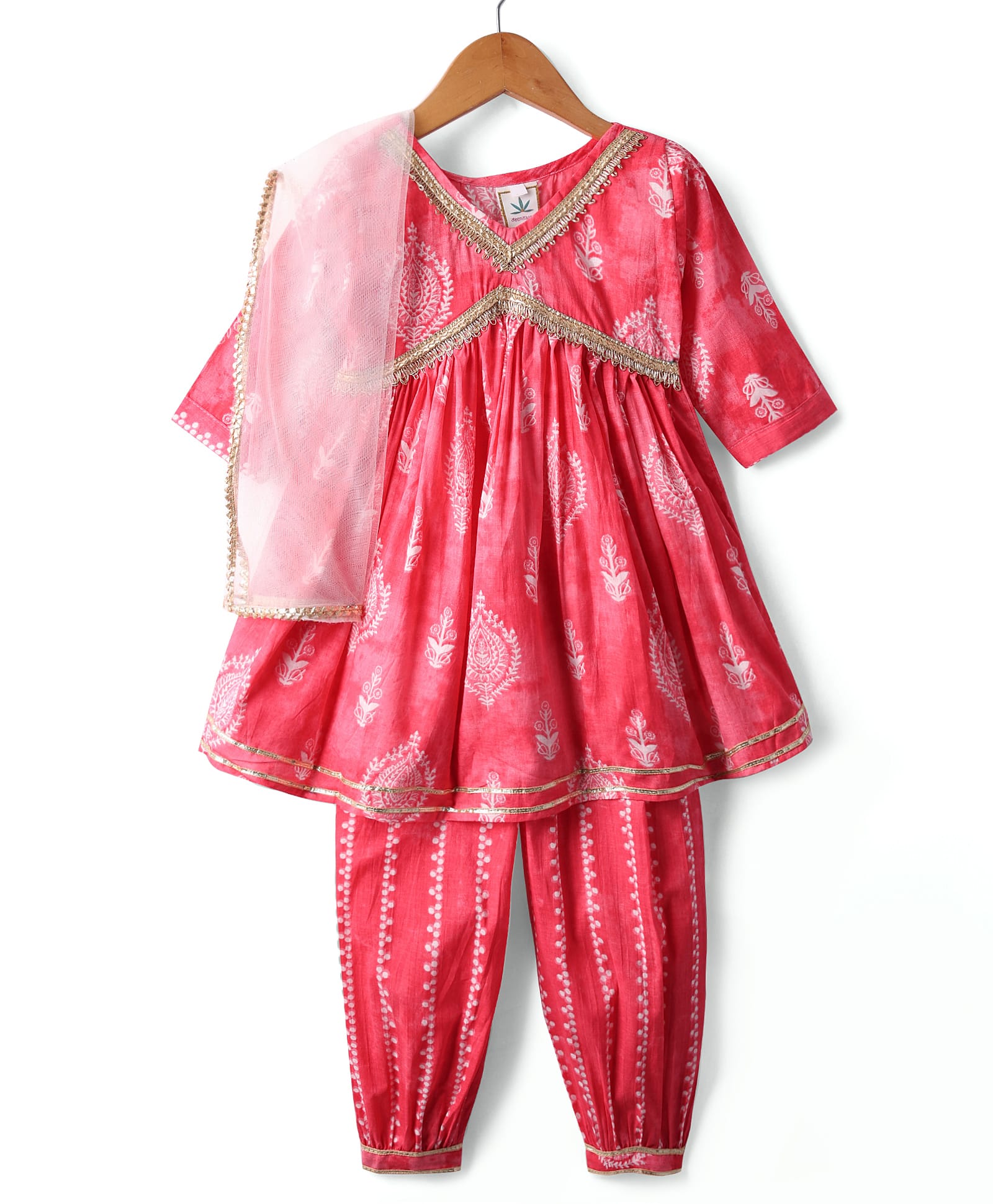 Teentaare Cotton Woven Three Fourth Sleeves Floral Printed Kurti Salwar Set with Dupatta & Lace Detailing - Dark Pink-image-5