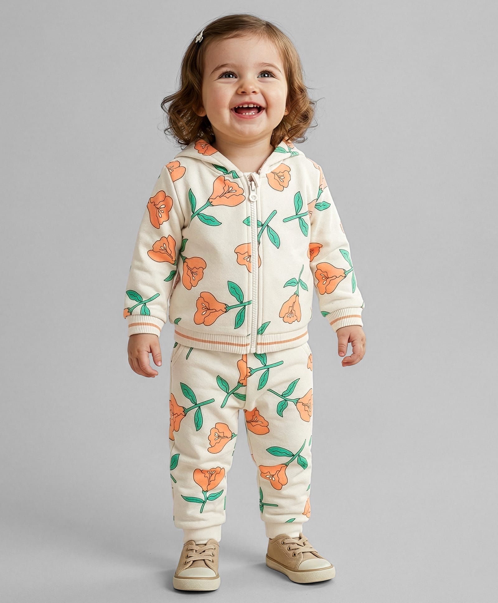 Babyoye 100% Cotton Knit Full Sleeves Winter Wear Hooded Sweatshirt & Joggers Set with Floral Print - White-picture-5