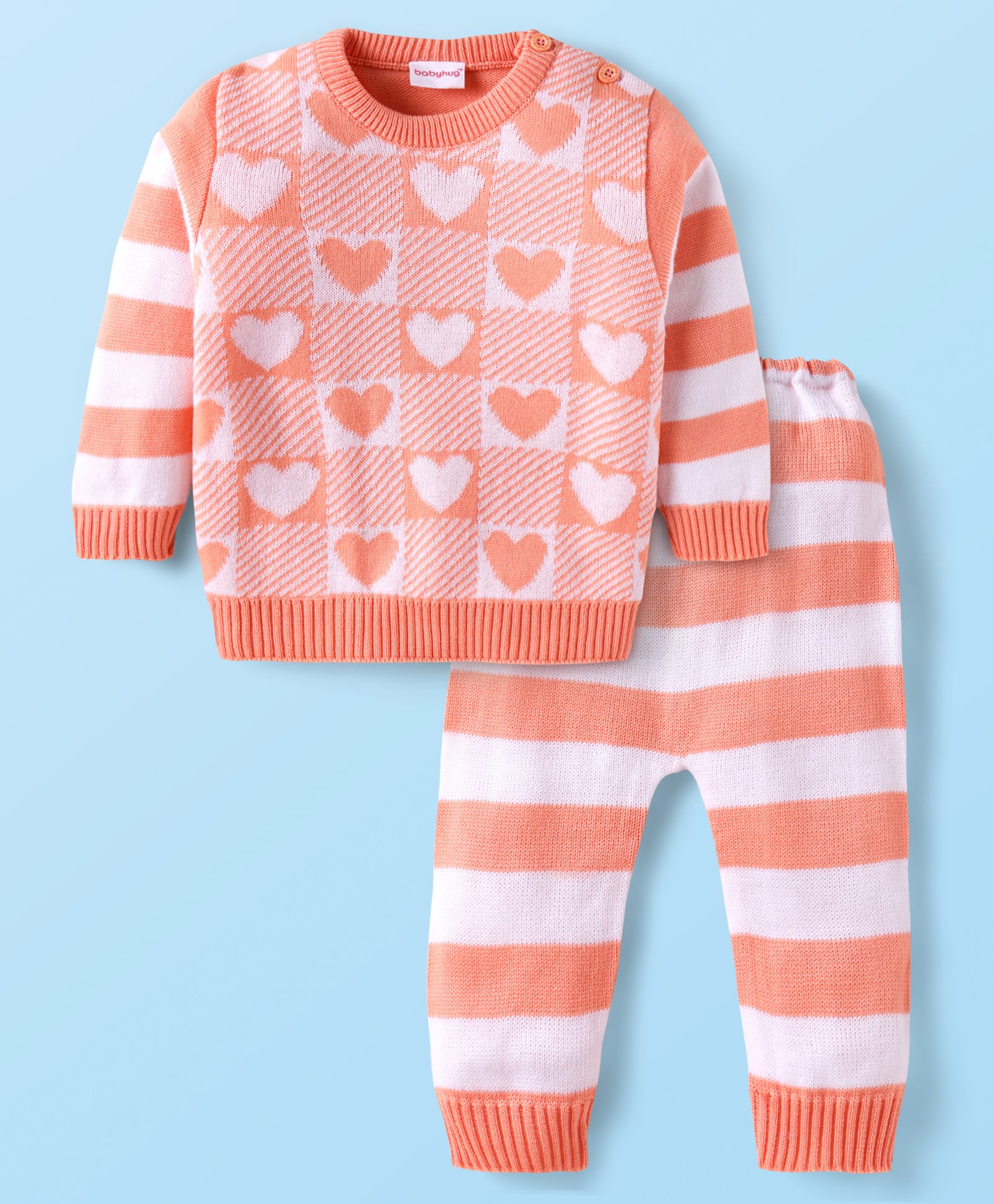 Babyhug Knit Full Sleeves Pullover Sweater Set With Heart & Stripes Design - Pink-picture-25