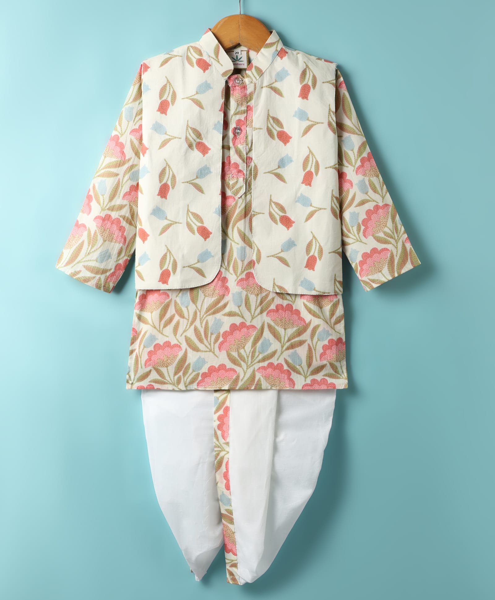 Teentaare Cotton Woven Full Sleeves Kurta Dhoti Set with Jacket & Floral Print - Multicolor-image-0