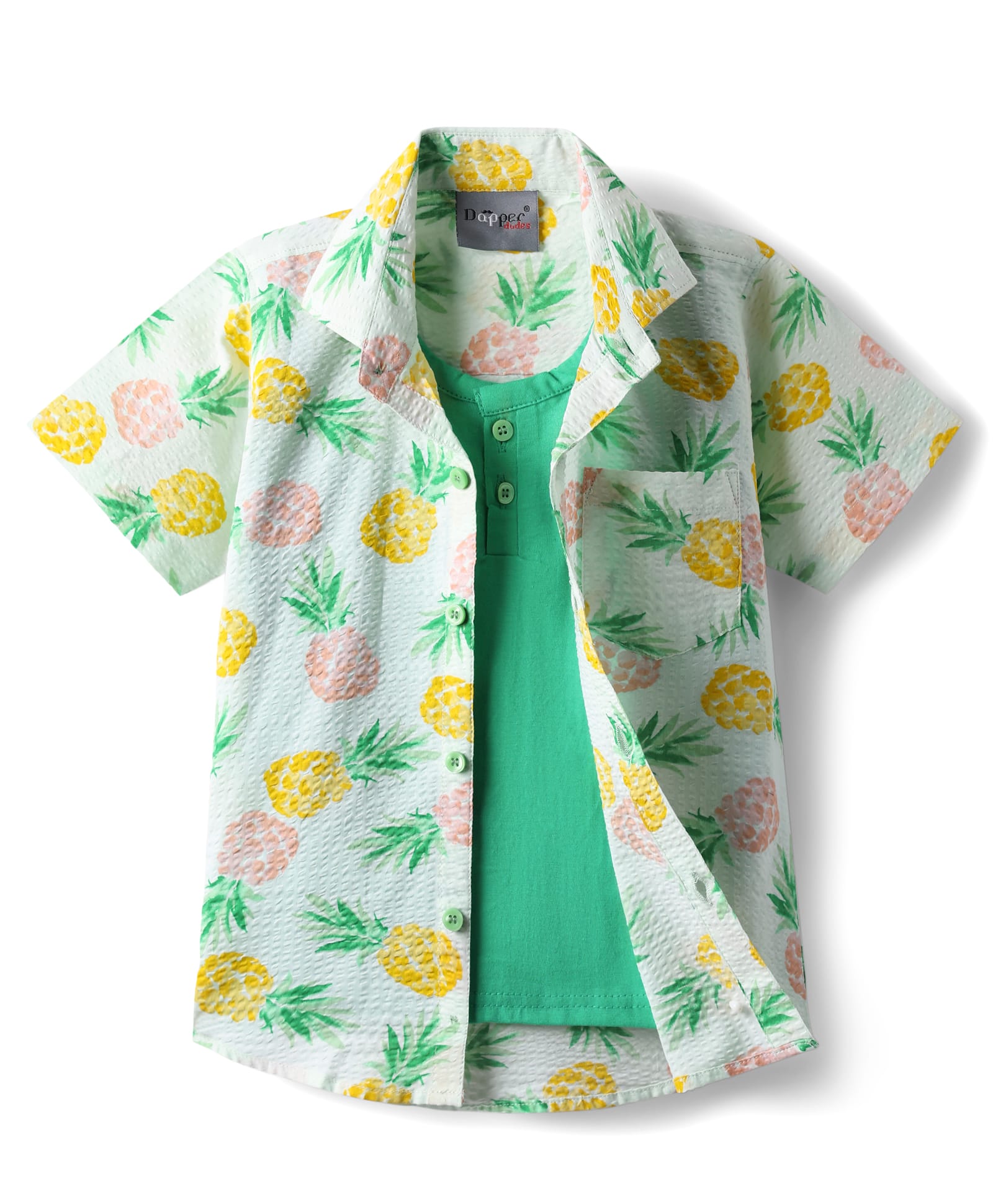 Dapper Dudes Half Sleeves Pineapple Printed & Textured Shirt With Attached Tee - Green-picture-23