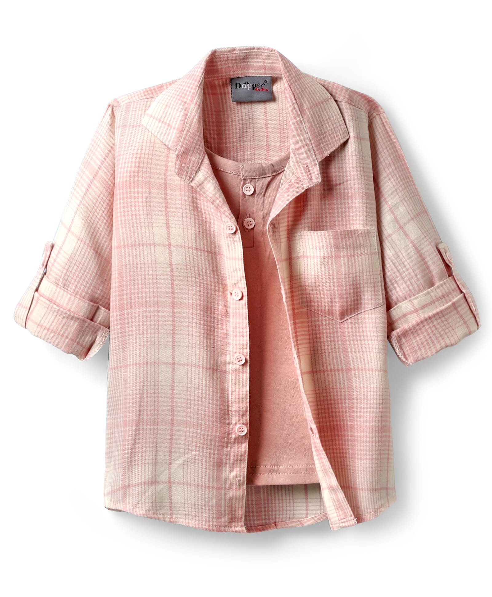 Dapper Dudes Full Sleeves Checked Shirt With Attached Tee - Pink-image-24