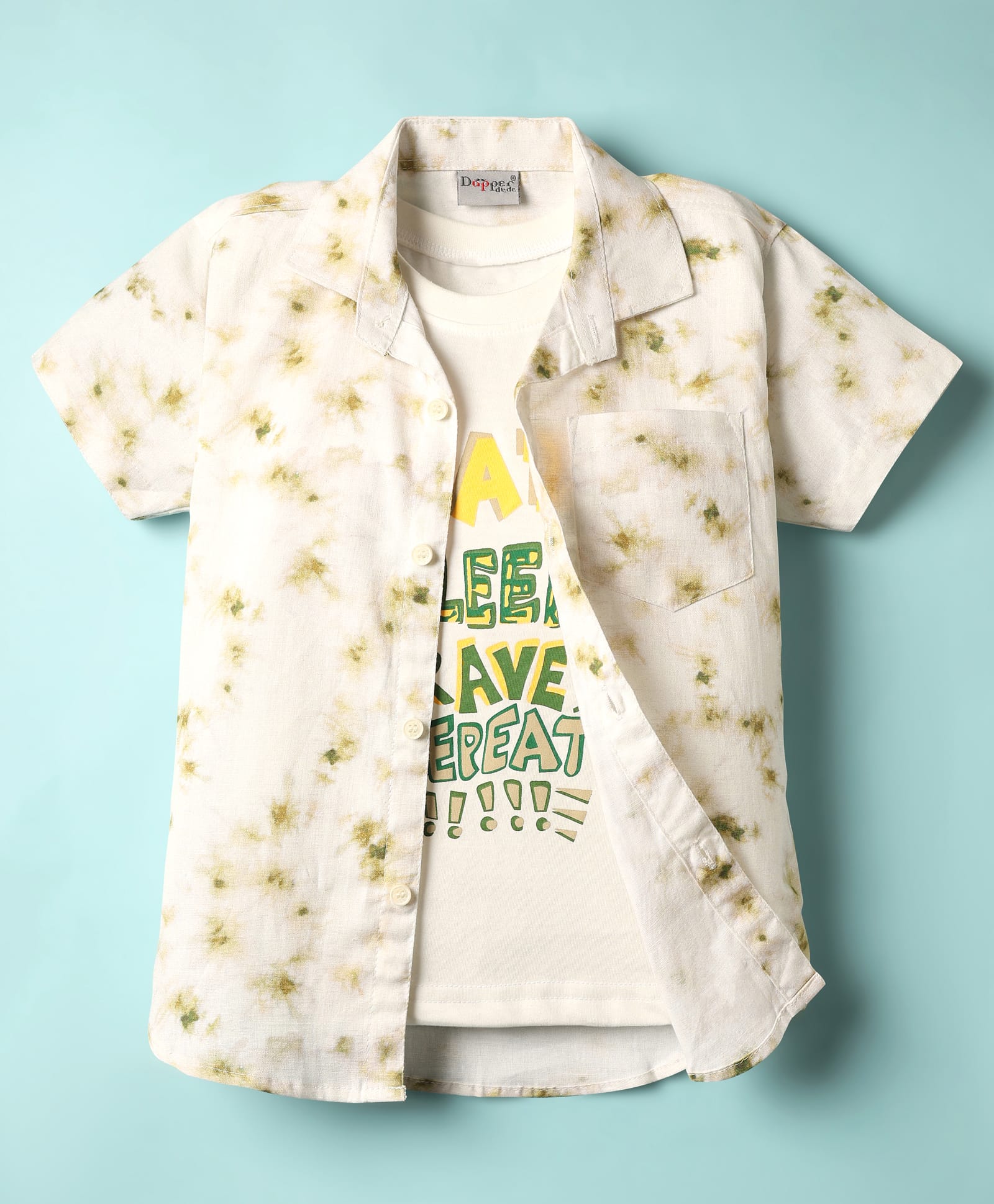 Dapper Dudes Half Sleeves Tie Dye Shirt With Eat Sleep Rave Repeat Text Printed Tee - Green-image-42