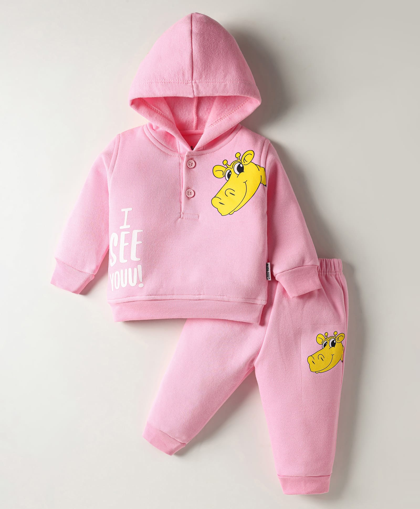 Child World Fleece Knit Full Sleeves Hooded T-Shirt & Lounge Pant Set With Animal Print - Pink-image-25