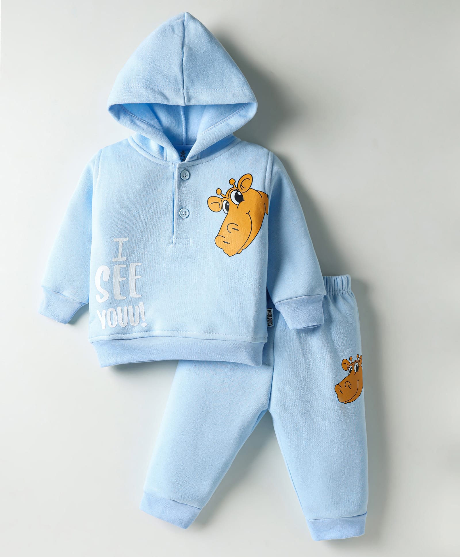 Child World Fleece Knit Full Sleeves Hooded T-Shirt & Lounge Pant Set With Animal Print - Light Blue-image-28