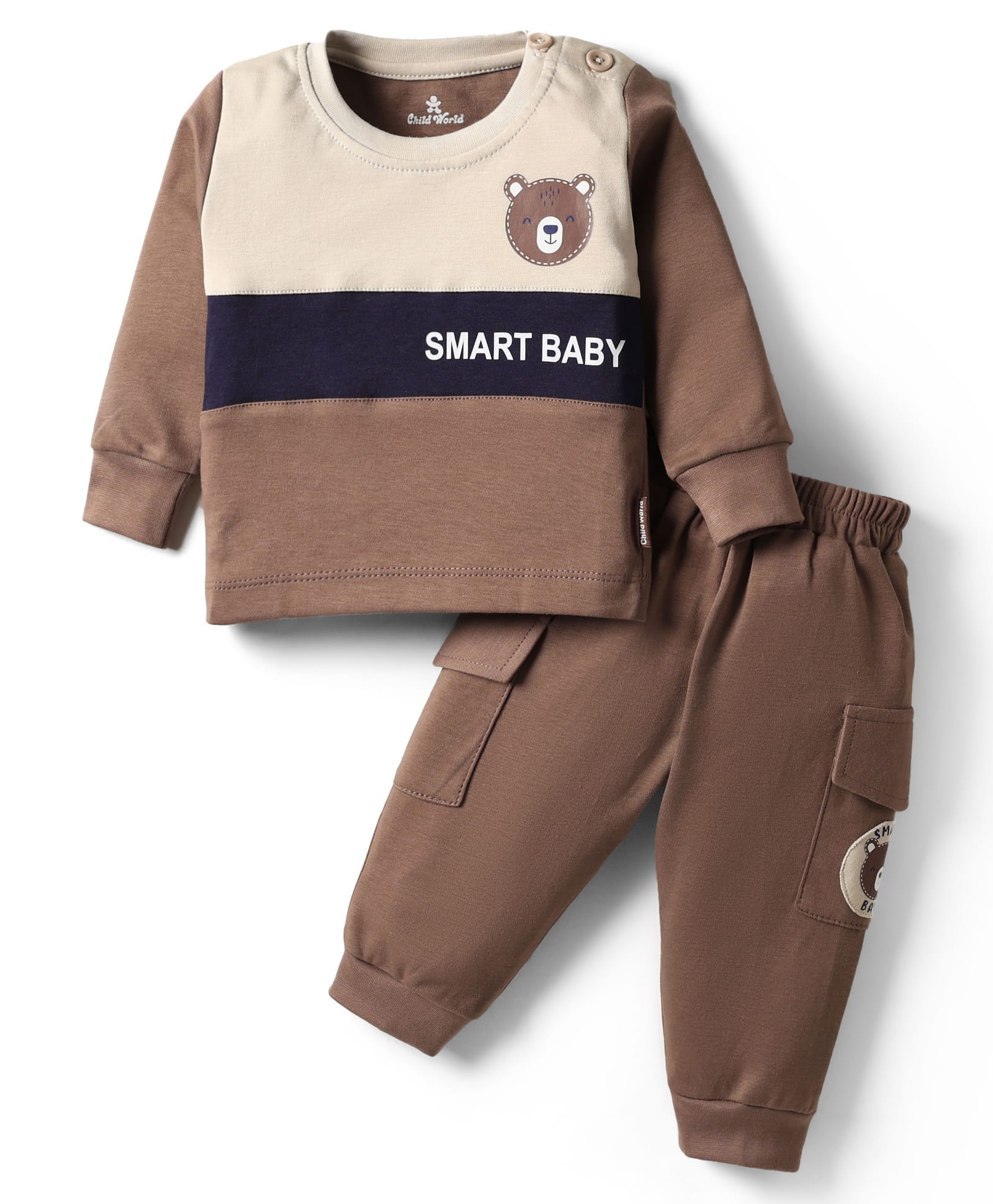 Child World Interlock Knit Full Sleeves T-Shirt & Joggers Set with Bear Print - Brown-picture-3