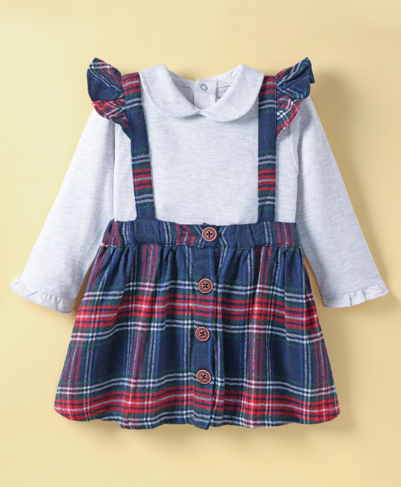 ToffyHouse Cotton Knit Full Sleeves Top & Checks Skirt Set - White & Navy Blue-image-33