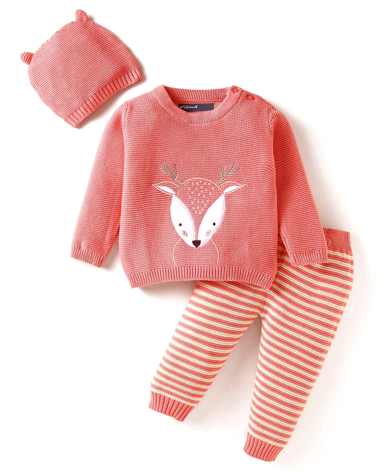 ToffyHouse Knit Full Sleeves Sweatshirt & Lounge Pant Set with Deer Embroidery & Cap - Baby Pink-image-49