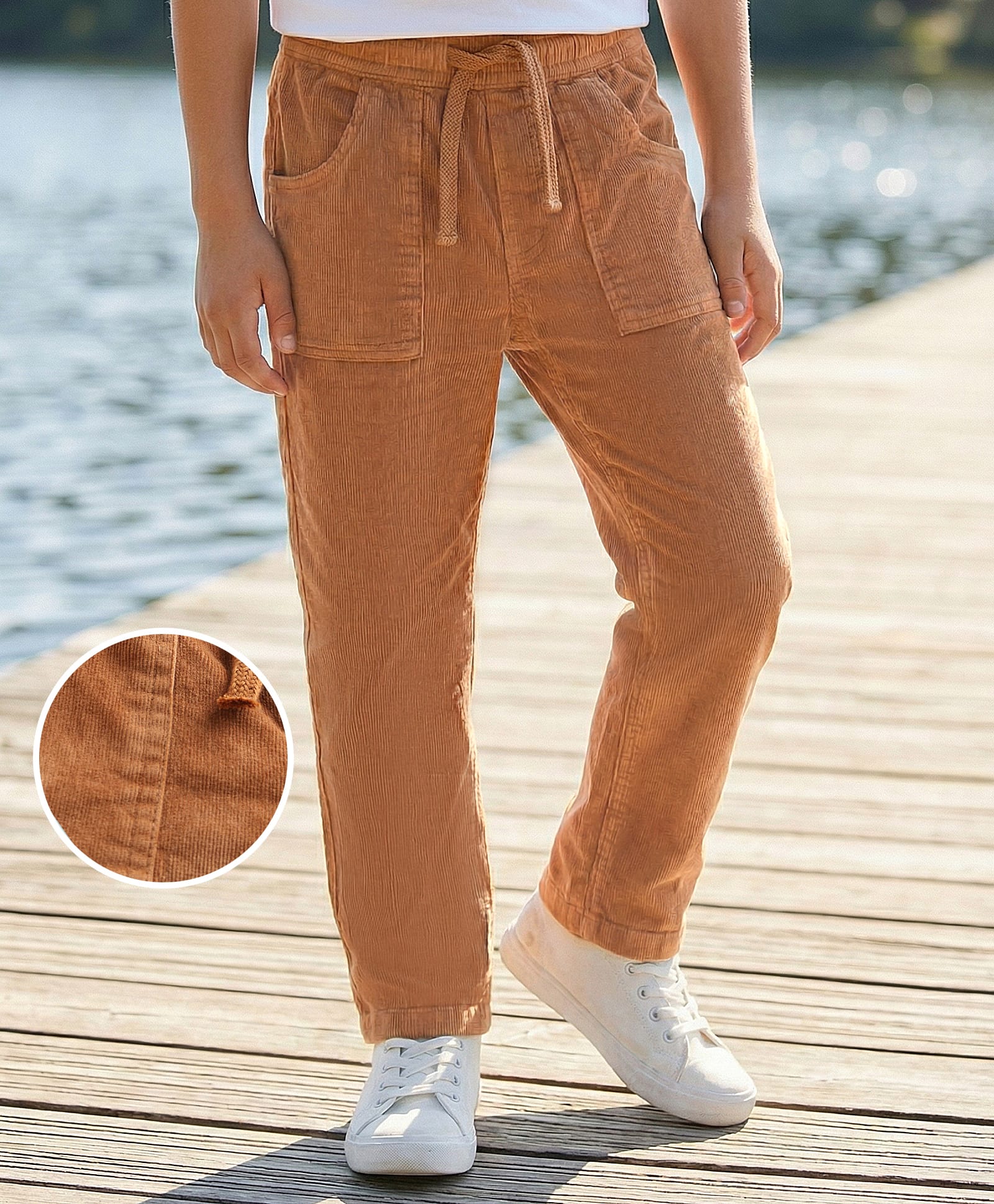 Pine Kids Velvet Woven Full Length Solid Colour Trouser - Khaki-image-10