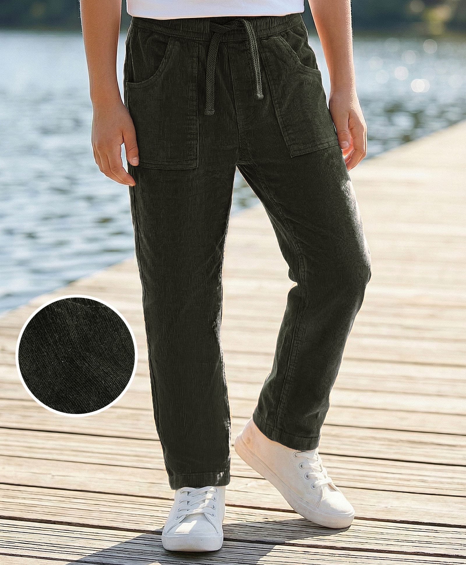 Pine Kids Velvet Woven Full Length Solid Color Trouser - Dark Green-image-14