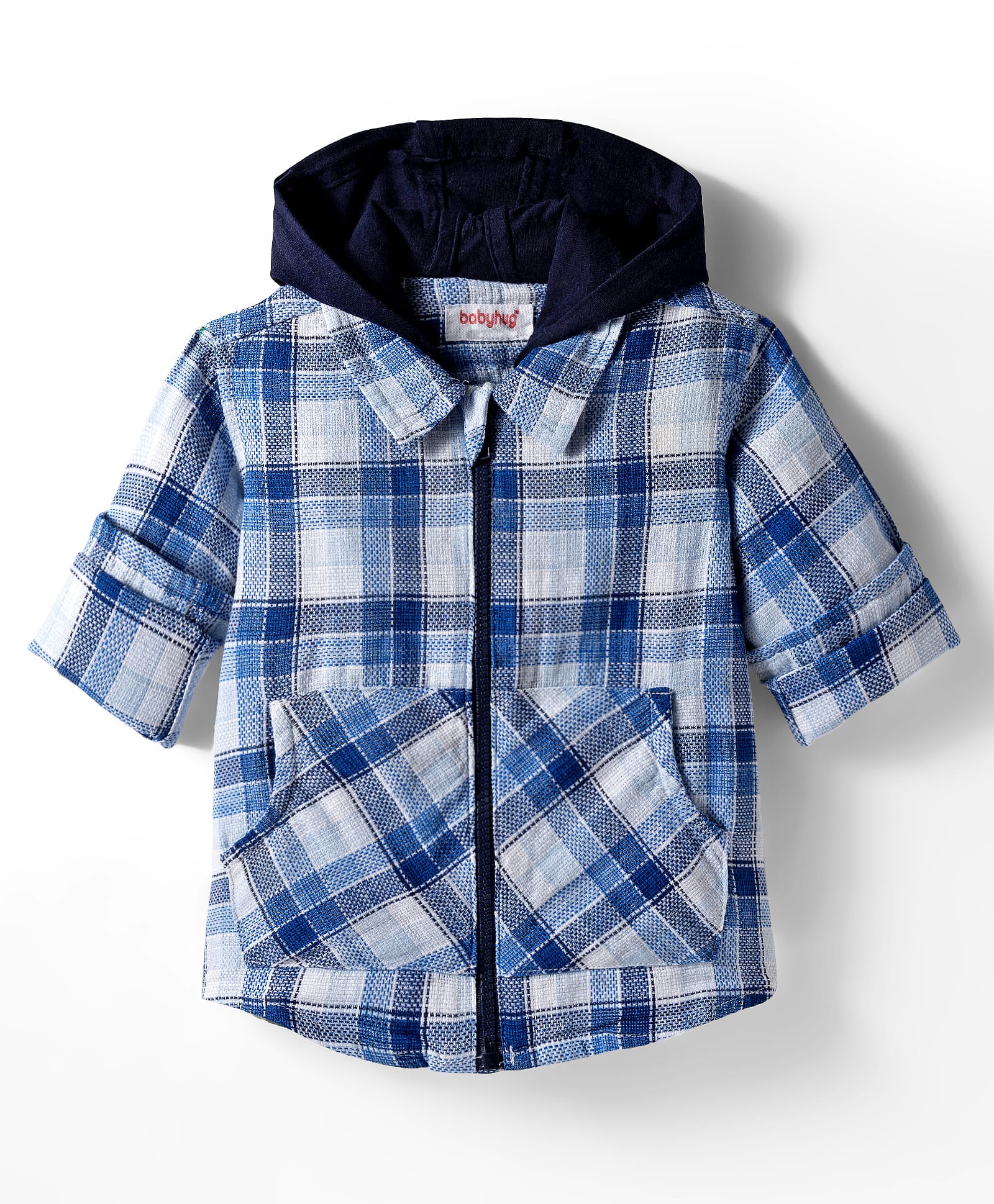 Babyhug Cotton Woven Full Sleeve Hooded Shirt with Kangaroo Pocket & Tartan Checks - Blue-image-25