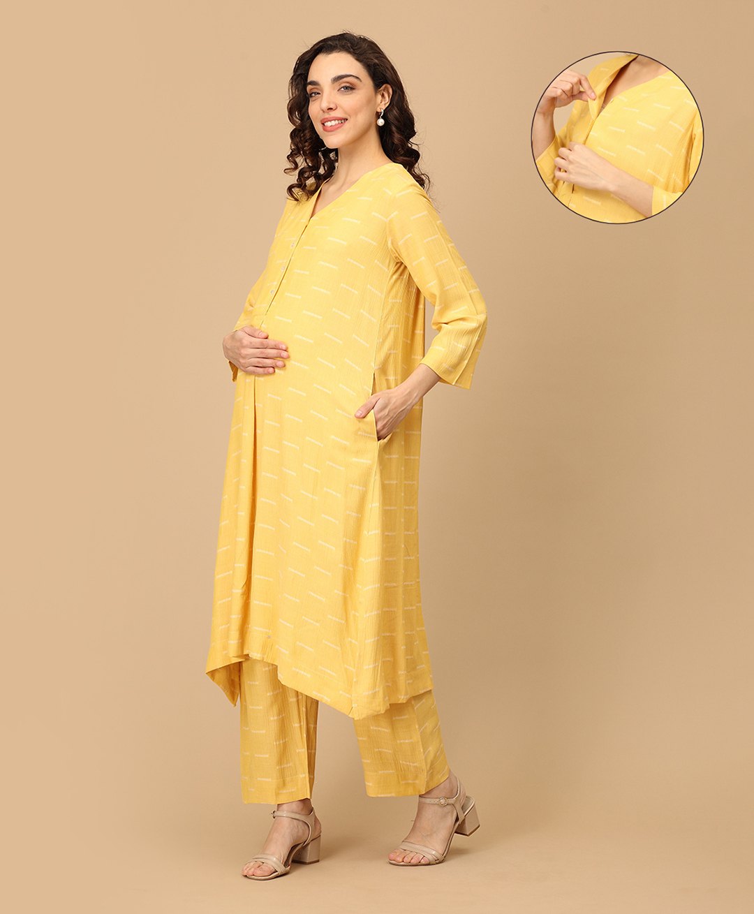 The Mom Store Rayon Knit Three Fourth Sleeves Abstract Printed Maternity & Nursing Kurta With Coordinating Pant Set - Yellow-picture-15