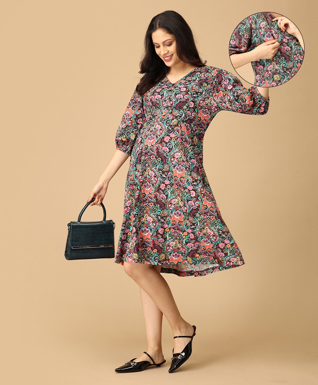 The Mom Store Cotton Knit Three Fourth Puffed Sleeves Floral Printed Maternity Dress With Nursing Access - Multi Colour-image-46