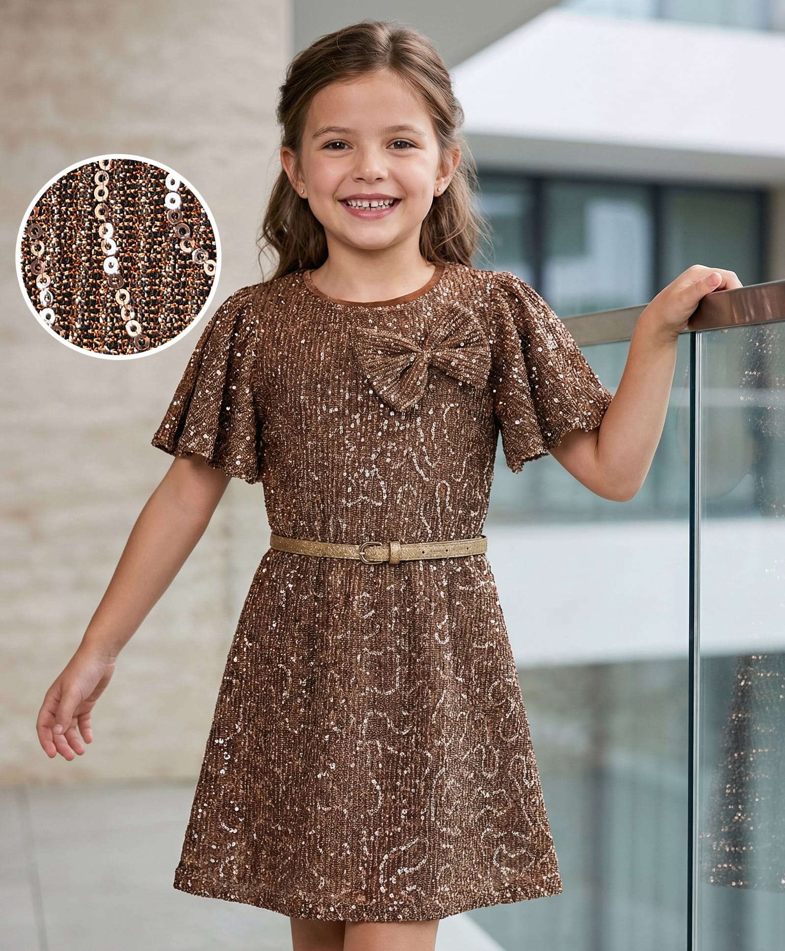 Hola Bonita Knit Half Flutter Sleeves Pleated Party Dress With Sequin Detailing & Belt - Golden-picture-21