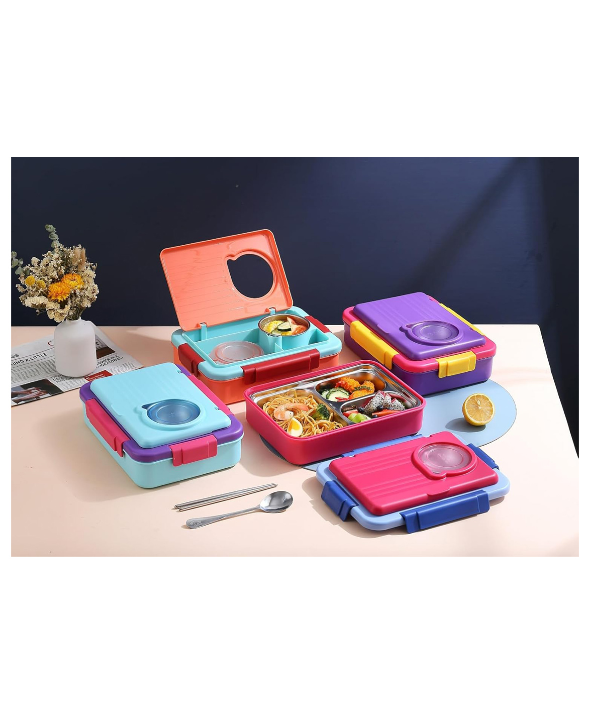 SANJARY Stainless Steel Lunch Box for Kids, Snacks Box with Plastic Spoon and Fork, Cute Food Box 1250ml Color Design May Vary-image-0