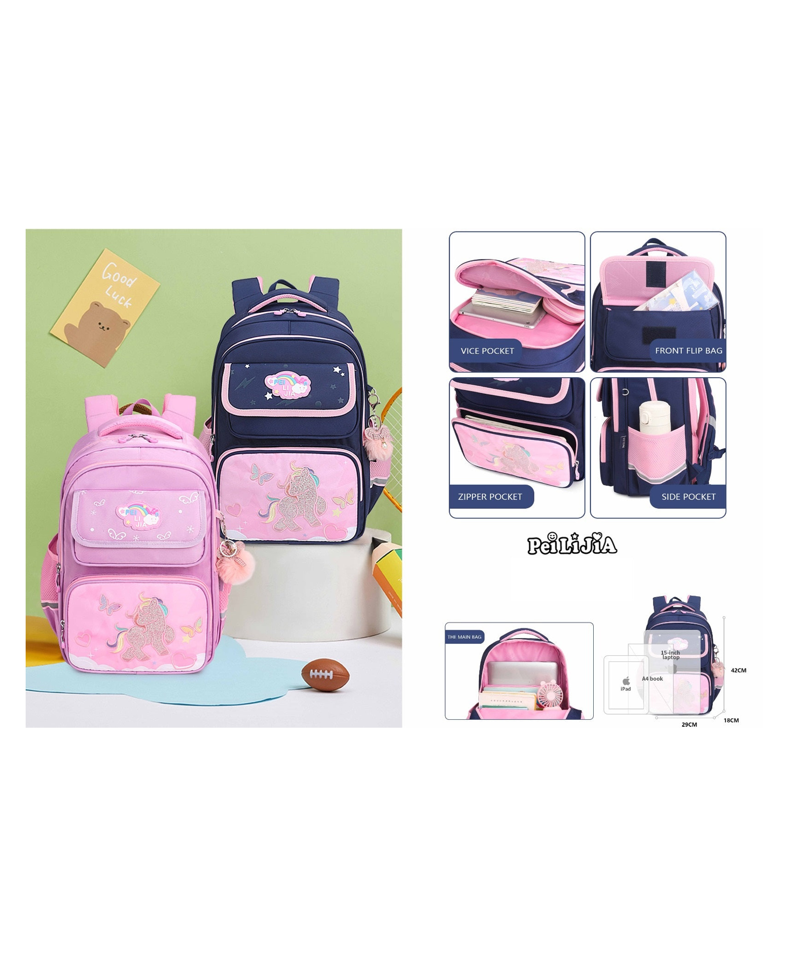 Sanjary Premium Quality Large Capacity Unicorn Embroidery Printed School Bags 16.8inch Color design may vary-picture-31