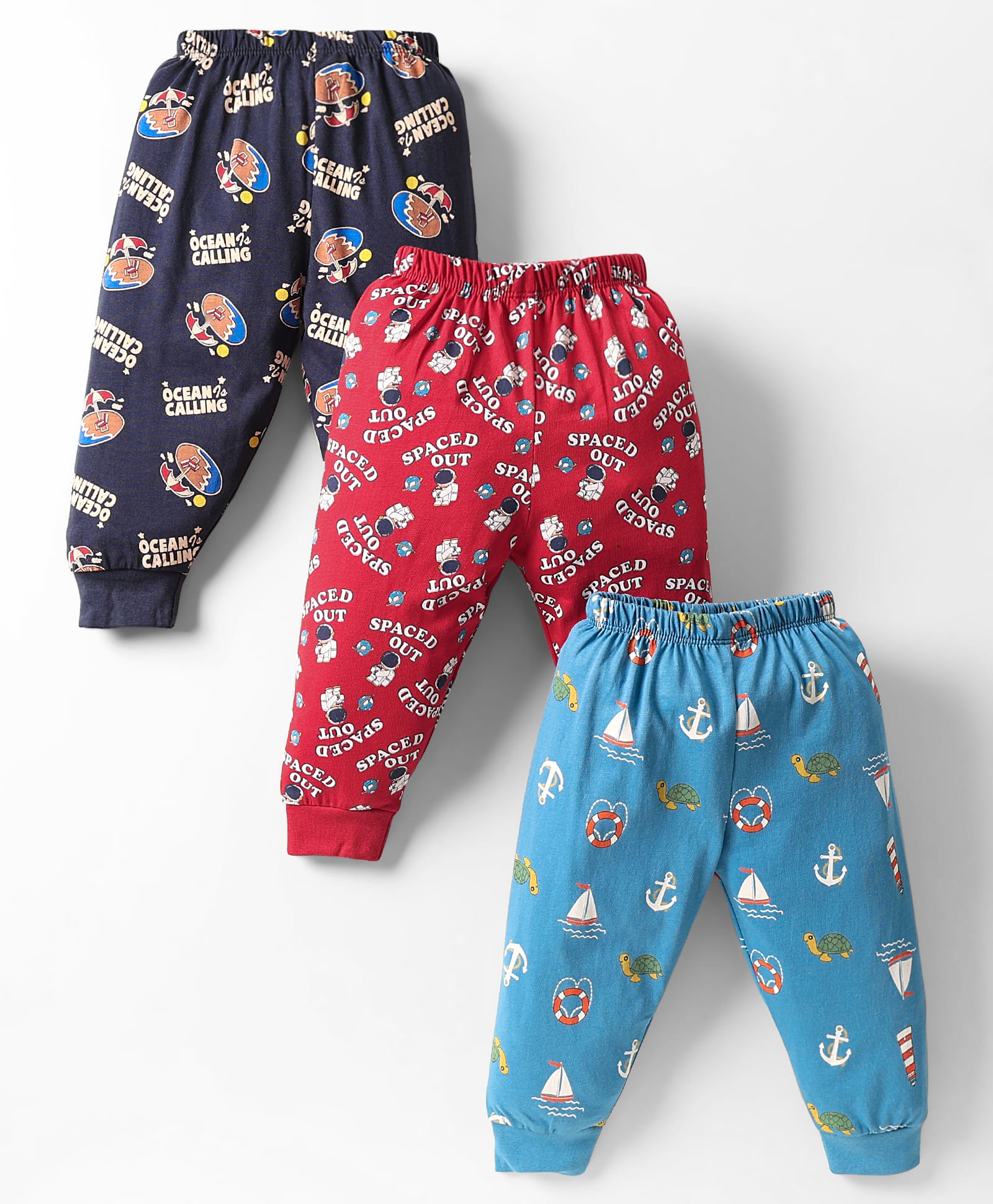 CUCUMBER Cotton Knit Full Length Space & Nautical Theme Printed Leggings Pack of 3 - Red Black & Light Blue-image-29