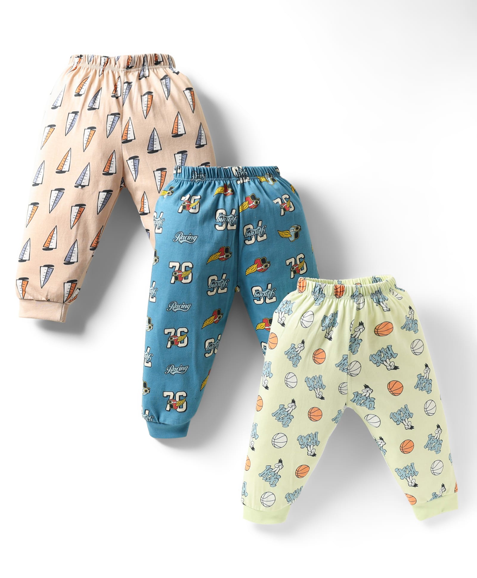 CUCUMBER Cotton Knit Full Length Leggings With Nautical & Sports Theme Print Pack Of 3 - Ivory Blue & Light Green-picture-23