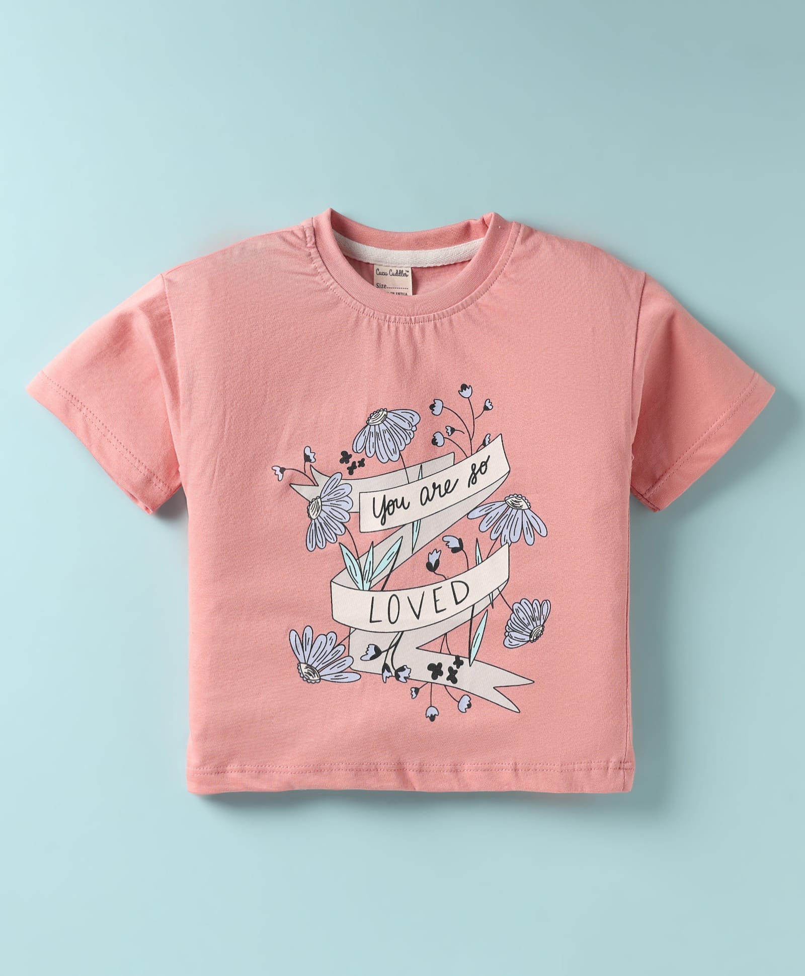 CUCUMBER Sinker Knit Half Sleeves T-Shirt With Floral Print - Peach-picture-28