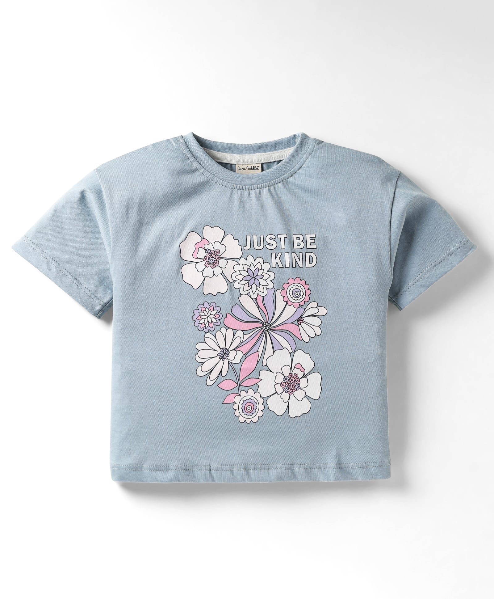 CUCUMBER Sinker Knit Half Sleeves T-Shirt With Floral Print - Light Blue-picture-11