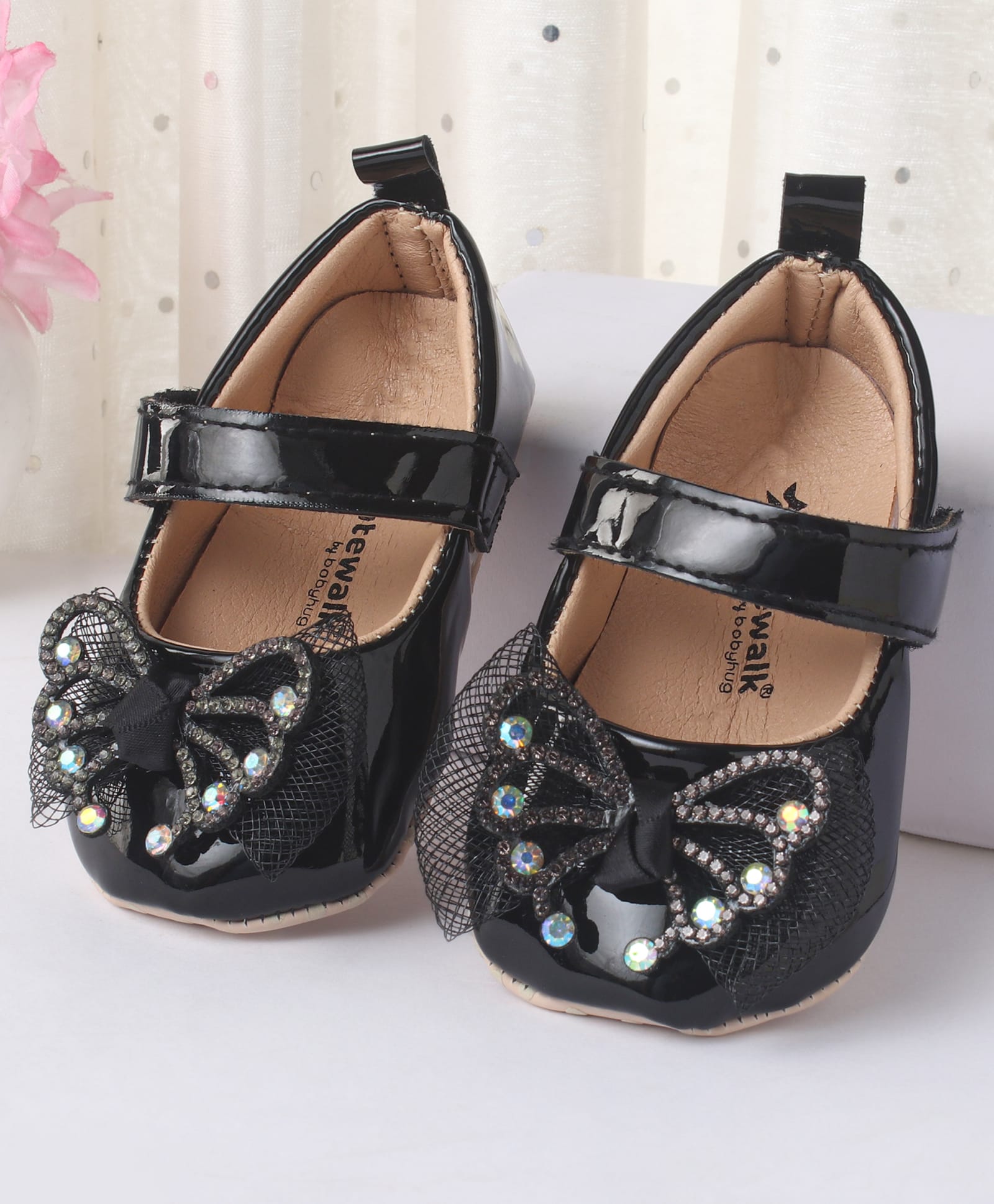 Cute Walk by Babyhug Booties With Velcro Closure & Butterfly Applique - Black-image-42