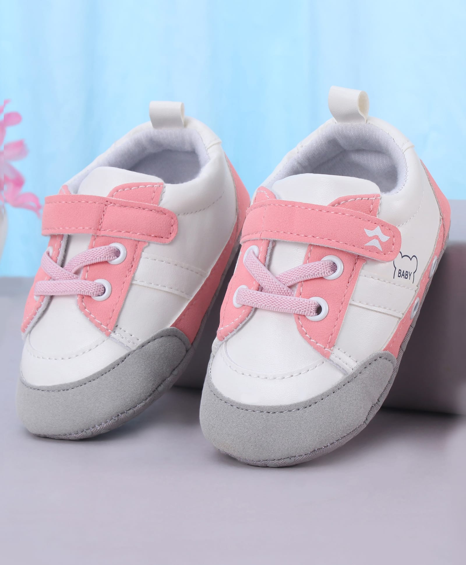 Cute Walk by Babyhug Booties with Velcro Closure & Lace Detailing - White & Pink-picture-13