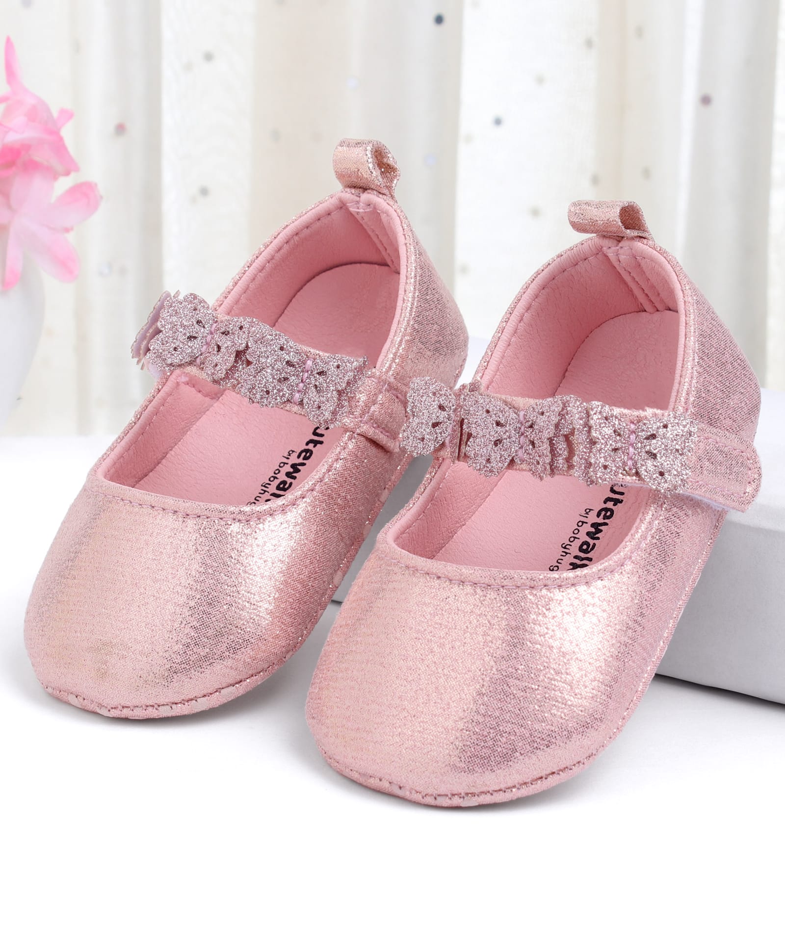 Cute Walk by Babyhug Velcro Closure Booties With Butterfly Applique - Golden-picture-25