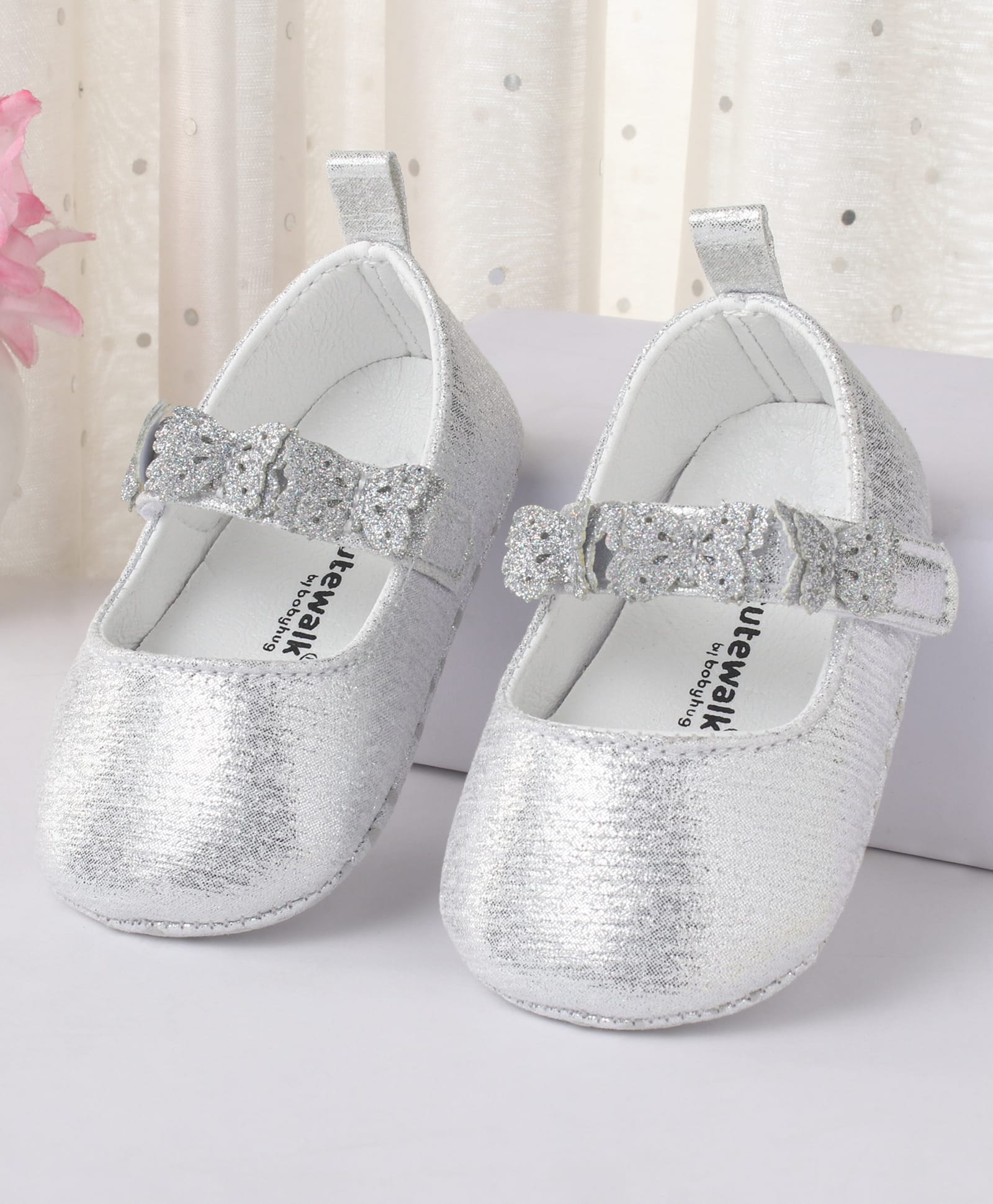 Cute Walk by Babyhug Velcro Closure Booties With Butterfly Applique - Silver-image-30