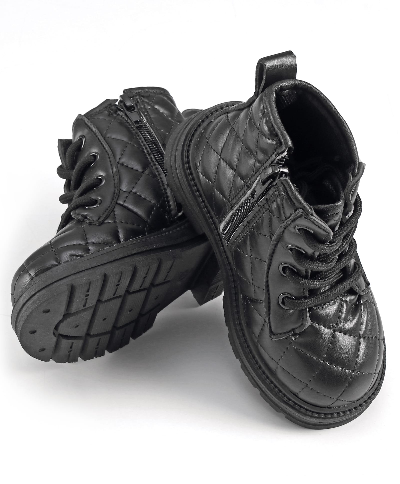 Babyoye Quilted Design Winter Boots With Zipper & Lace Up Closure - Black-image-1