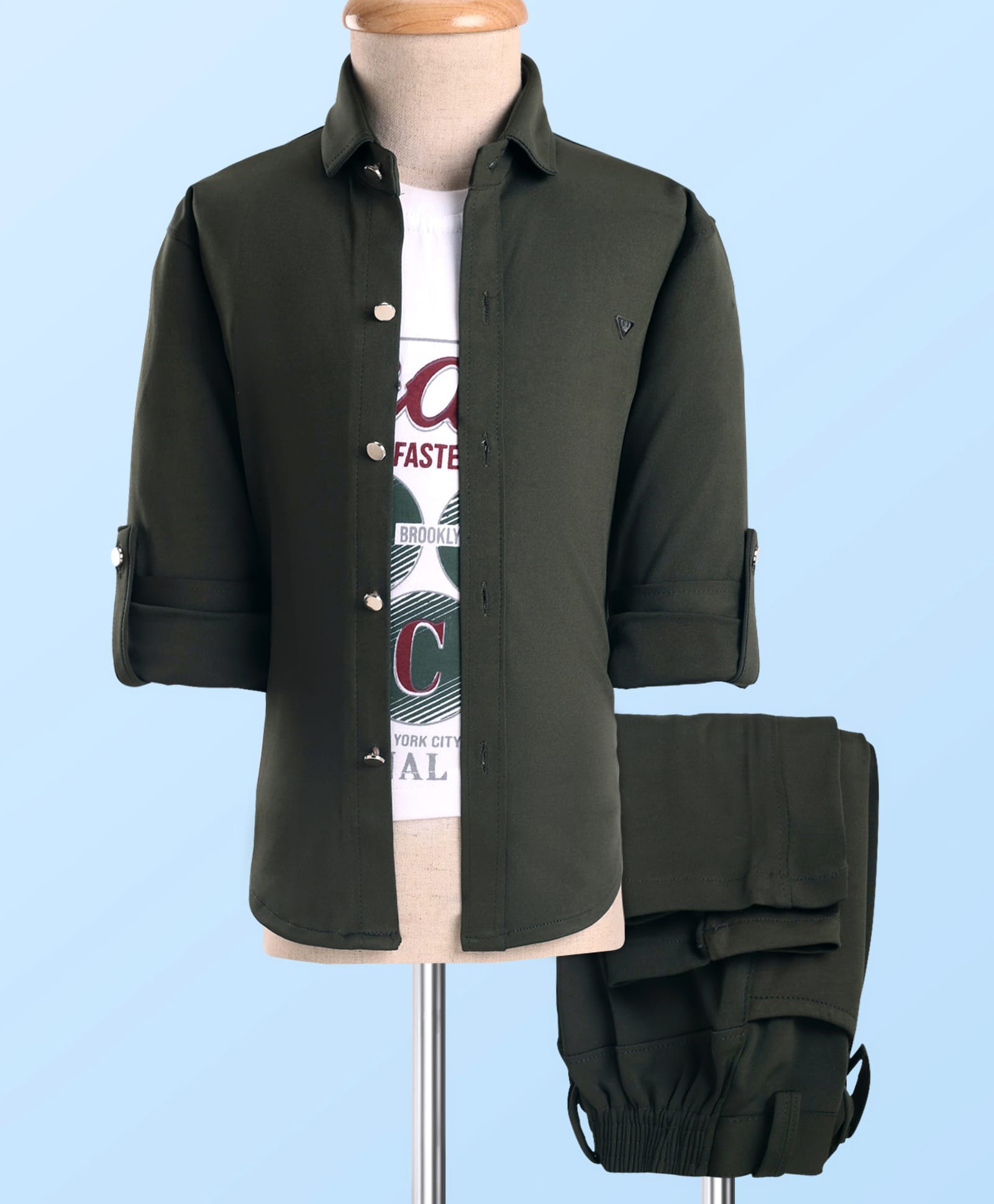 Radutu Full Sleeves Solid Shirt & Pant With Jeans Faster Text Printed Tee Set - Green & White-image-13