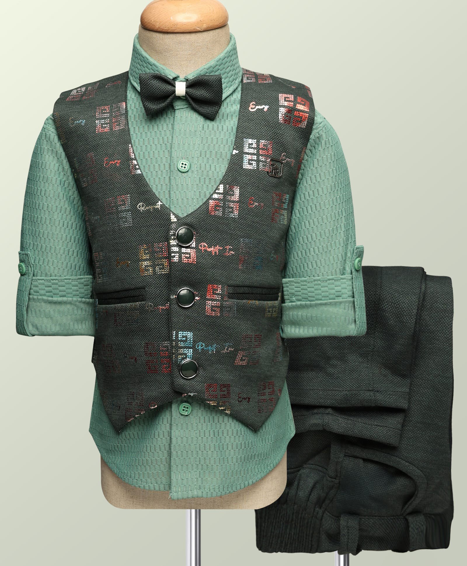 Radutu Full Sleeves Textured & Abstract Printed 3 Piece Party Suit Set With Bow Set - Green-picture-31