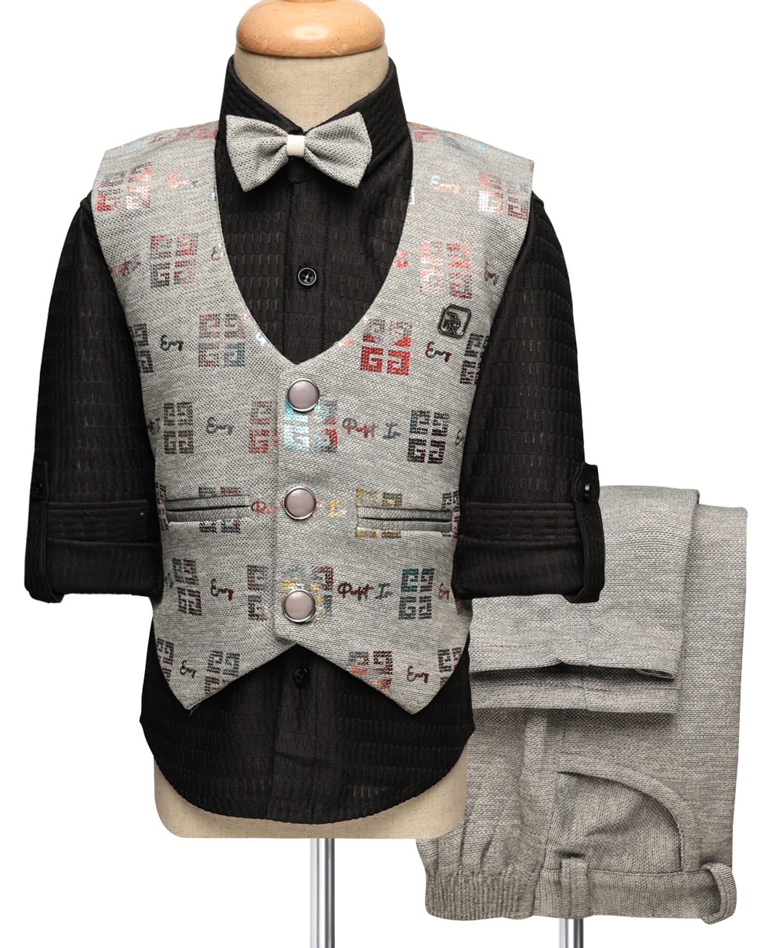 Radutu Full Sleeves Textured & Abstract Printed 3 Piece Party Suit Set With Bow Set - Grey & Black-picture-30