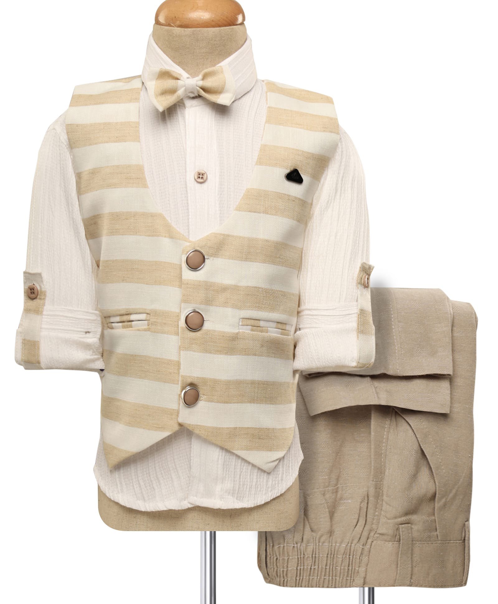Radutu Full Sleeves Striped & Textured 3 Piece Party Suit With Bow Set - White & Beige-picture-25