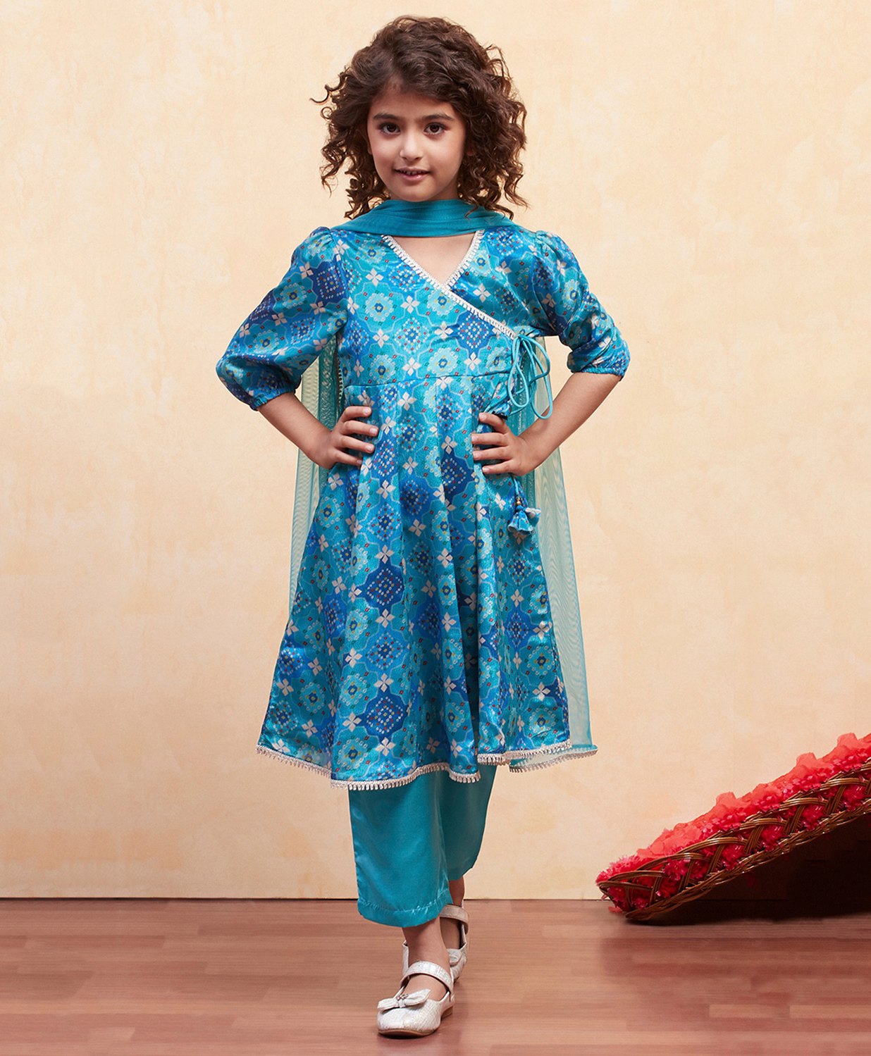 BIBA Woven Three Fourth Puffed Sleeves Bandhani Printed Gota Lace Embellished Kurta Pant With Dupatta Set - Turquoise-picture-22