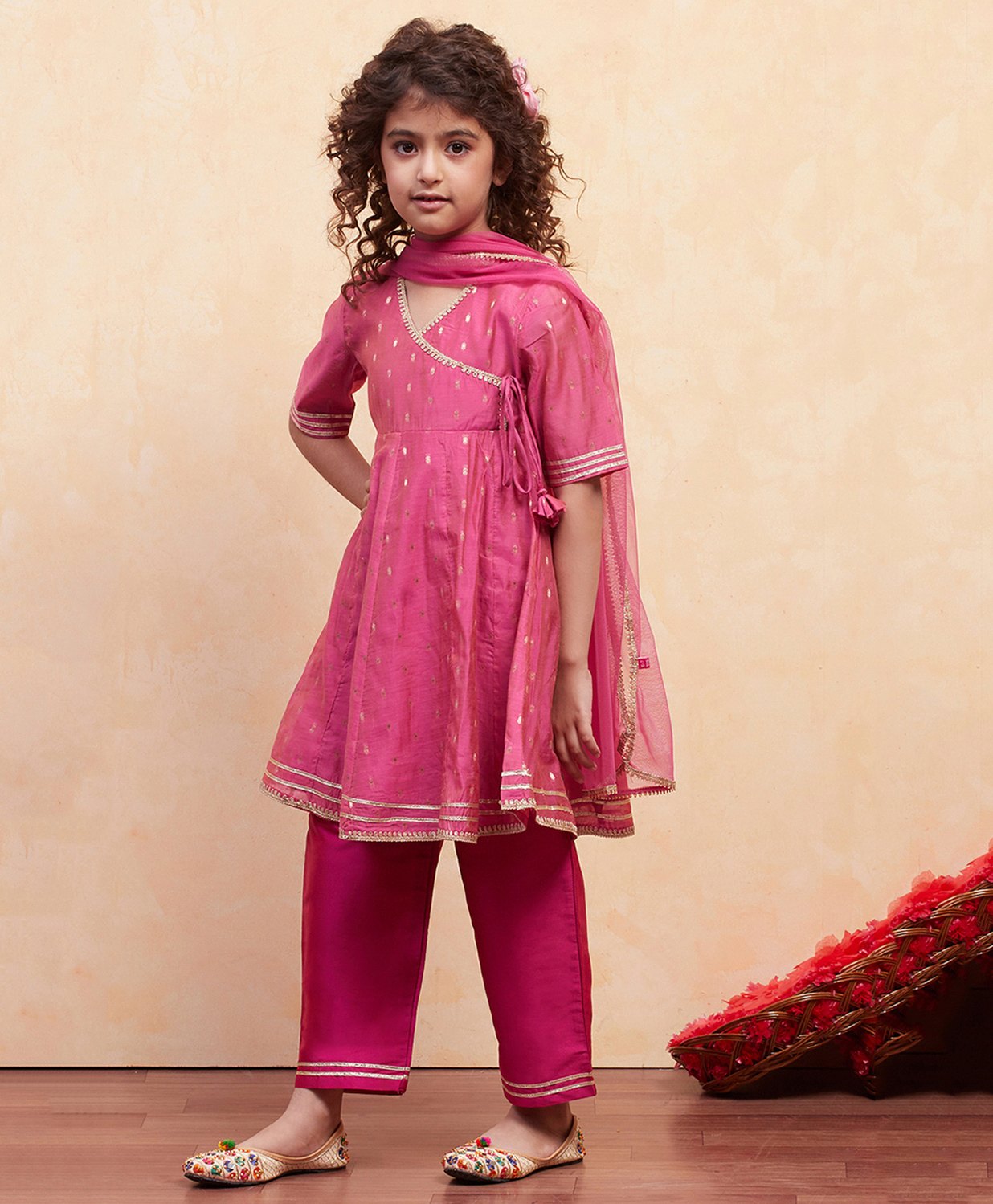 BIBA Woven Half Sleeves Abstract Foil Printed Gota Lace Embellished Kurta Pant With Dupatta Set - Pink-image-26