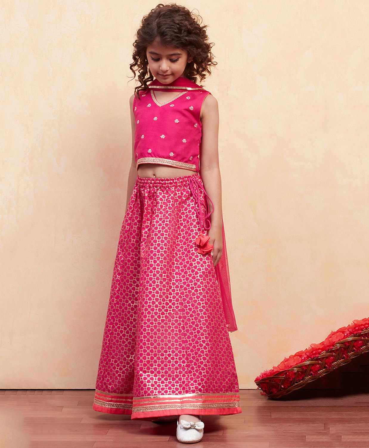 BIBA Woven Sleeveless Floral Embroidered Lace Embellished Abstract Foil Printed Lehenga Choli With Dupatta Set - Fuchsia-picture-24